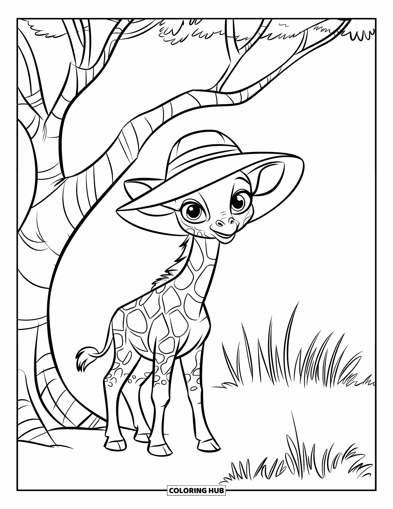 Baby Giraffe Coloring Page for Kids: A giraffe in a floppy hat stands near low tree branches in a quiet savannah