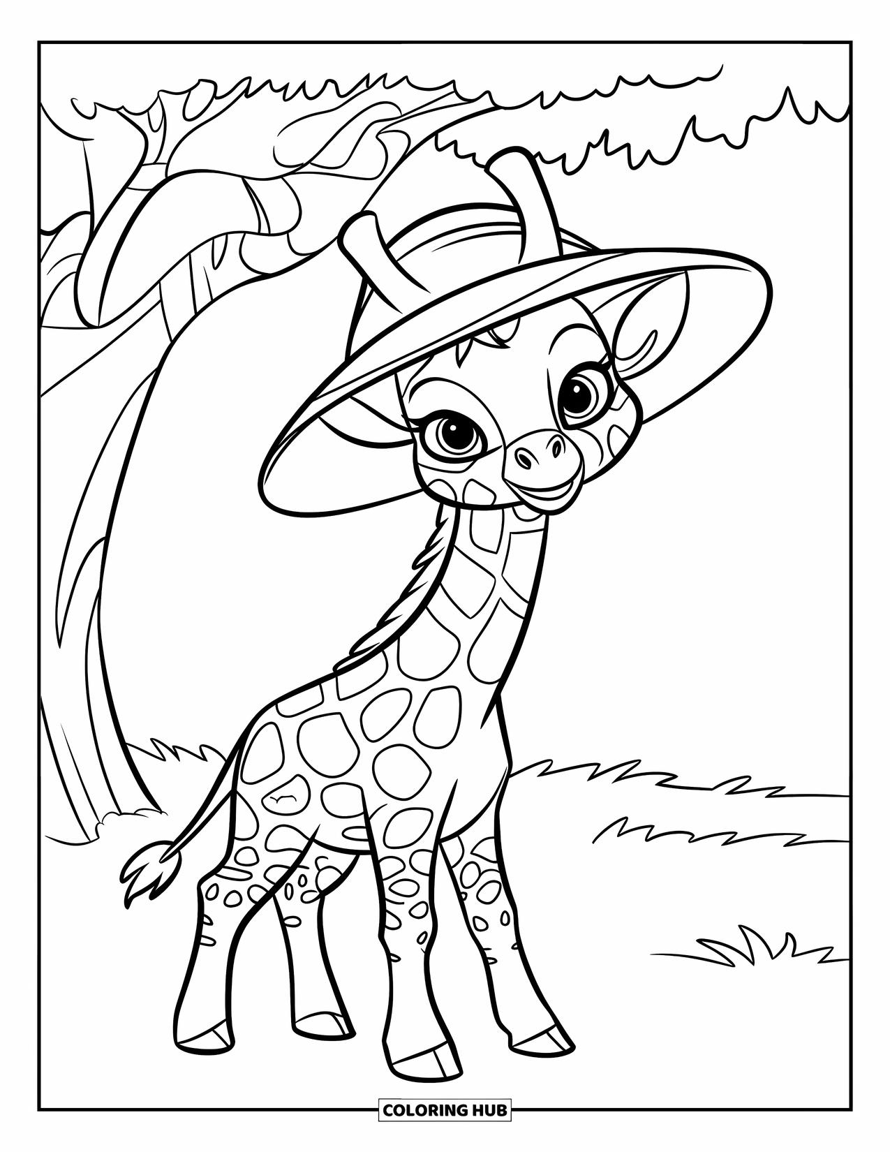 Baby Giraffe Coloring Page for Kids: A giraffe in a sun hat stands near a low tree in a grassy field