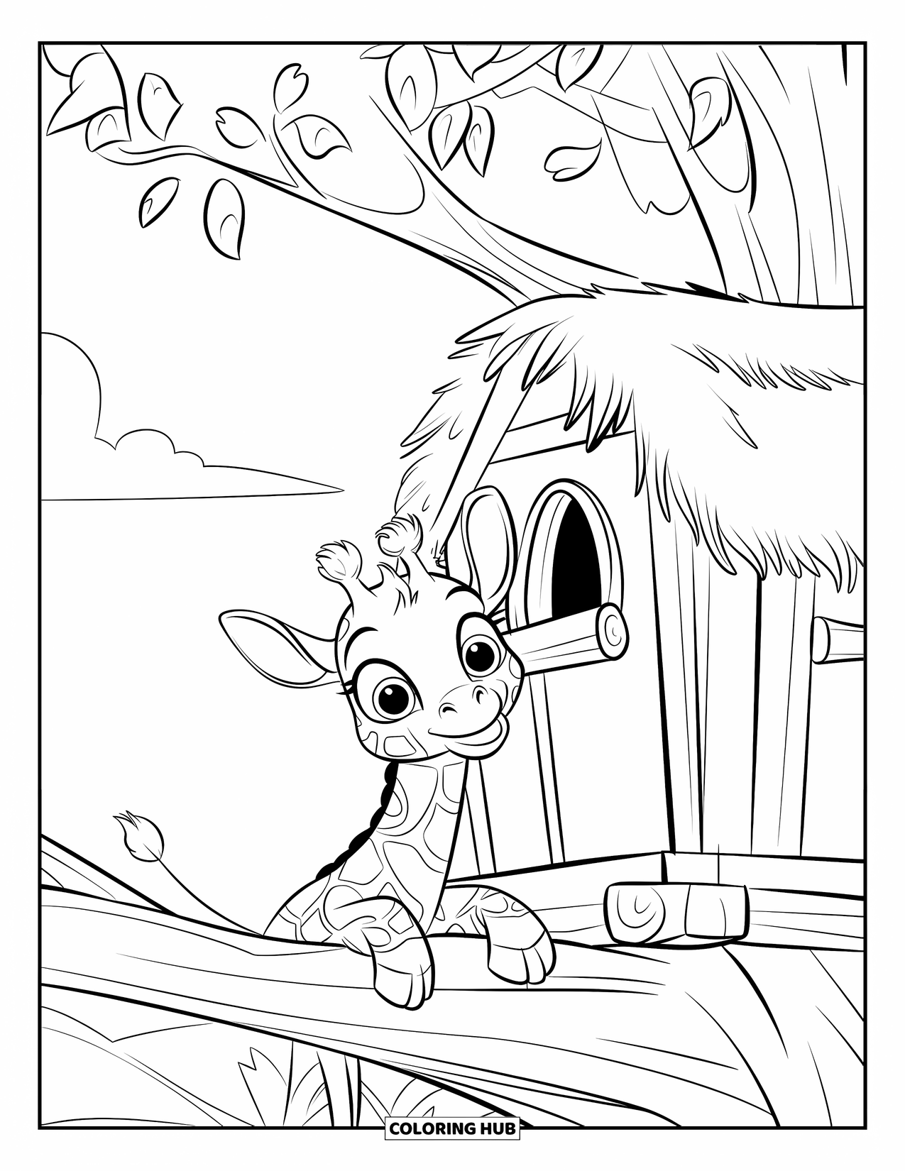 Baby Giraffe Coloring Page for Kids: A giraffe leans into a thatched treehouse with fluffy tail and curious round eyes