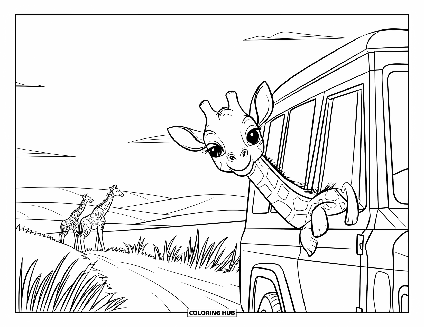 Baby Giraffe Coloring Page for Kids: A giraffe peeks from a jeep near other giraffes and rolling hills on safari