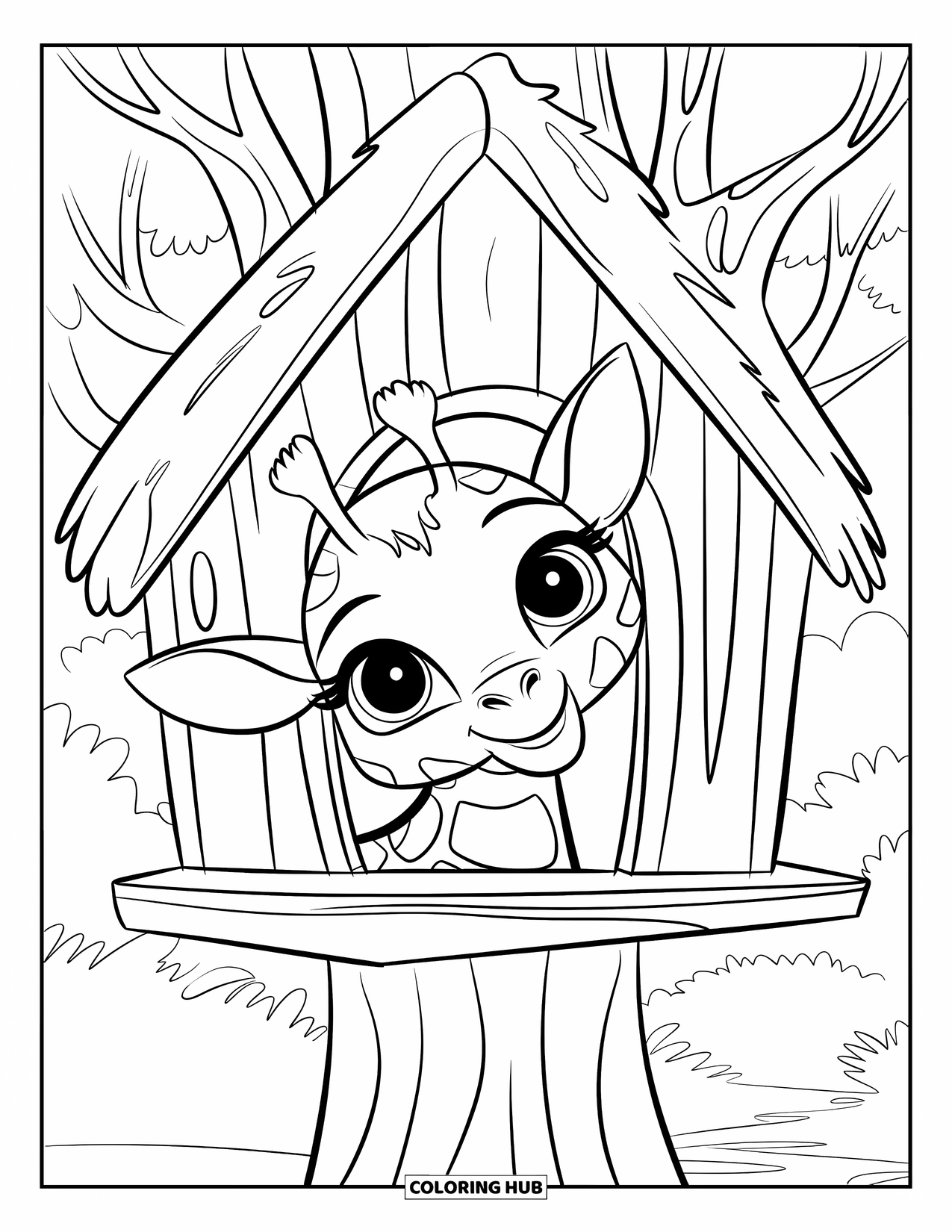 Baby Giraffe Coloring Page for Kids: A giraffe peeks inside a forest treehouse built on thick branches