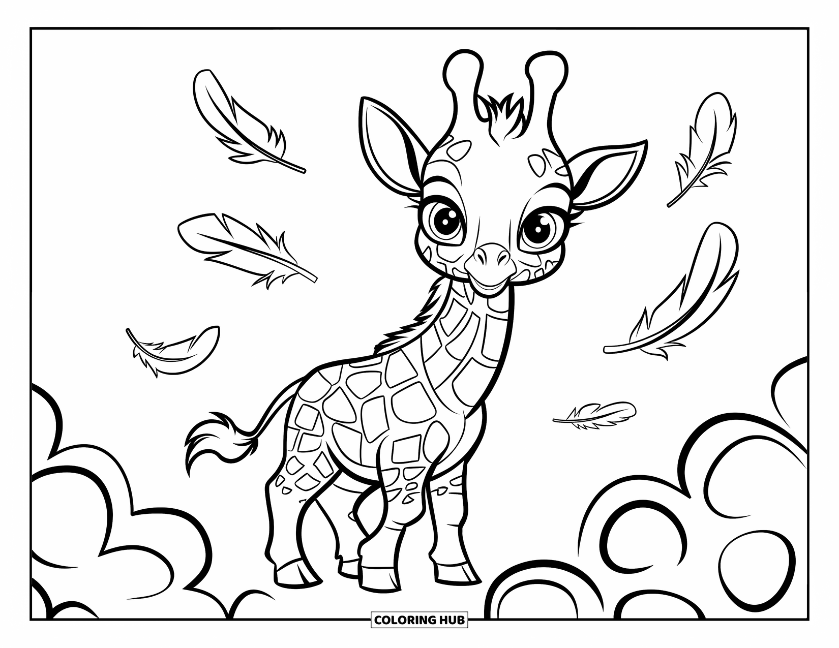 Baby Giraffe Coloring Page for Kids: A giraffe stands among feathers and swirls with its long legs and short neck