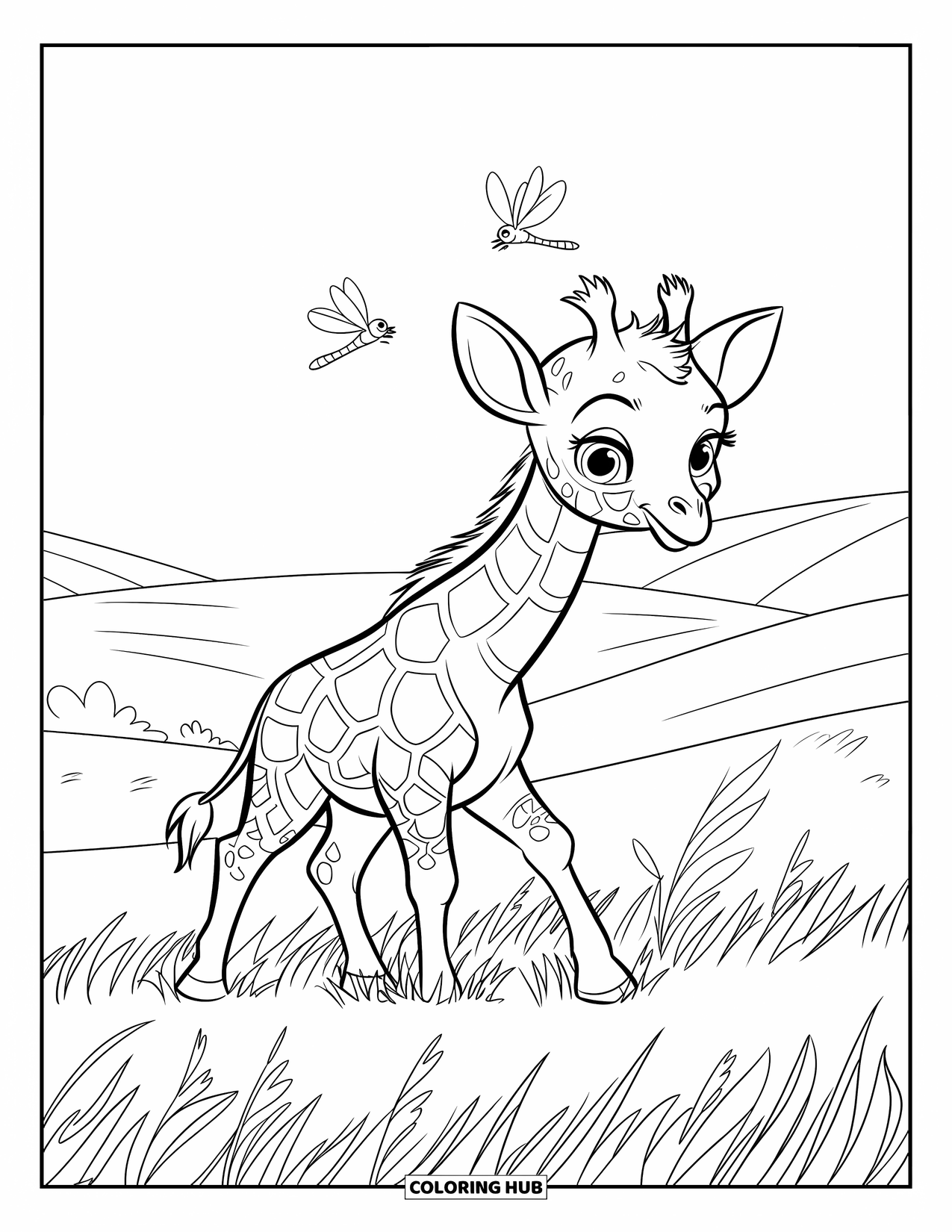 Baby Giraffe Coloring Page for Kids: A giraffe strolls through tall grass with dragonflies and hills behind