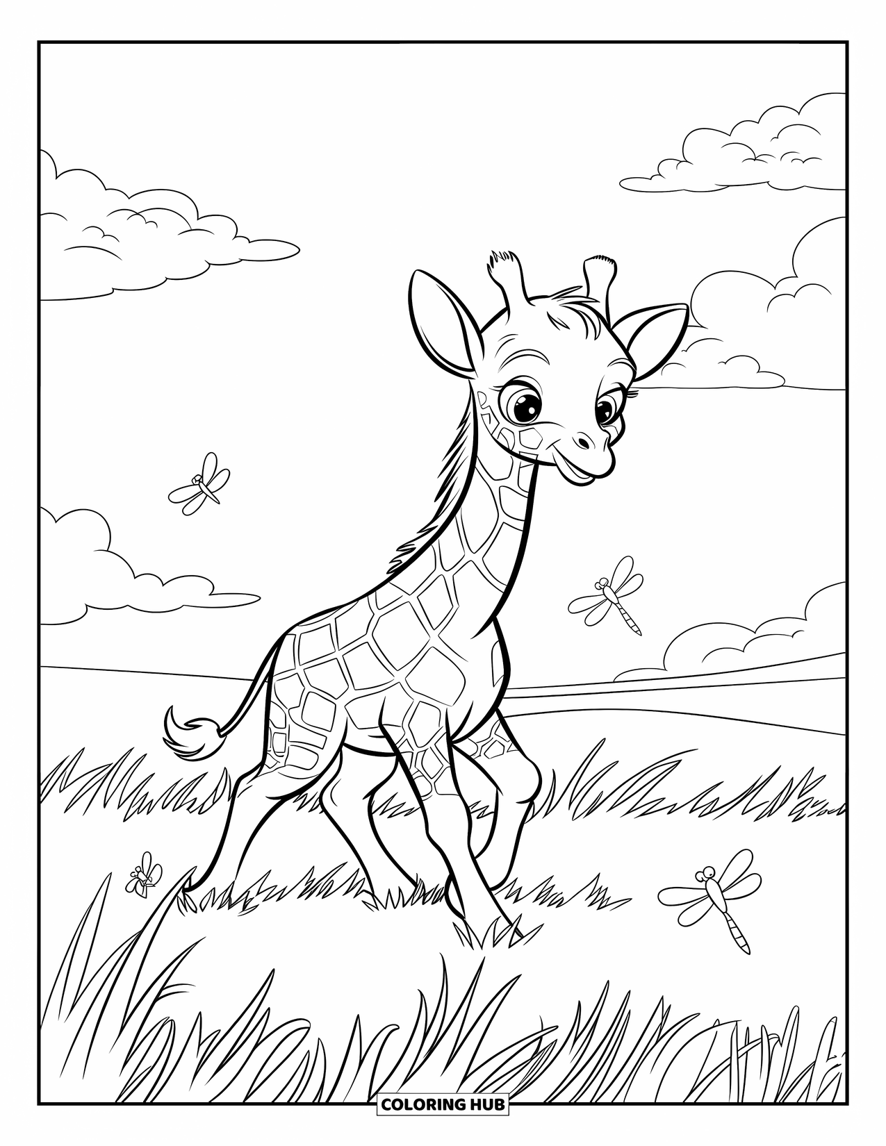 Baby Giraffe Coloring Page for Kids: A giraffe walks through a breezy field while dragonflies float nearby