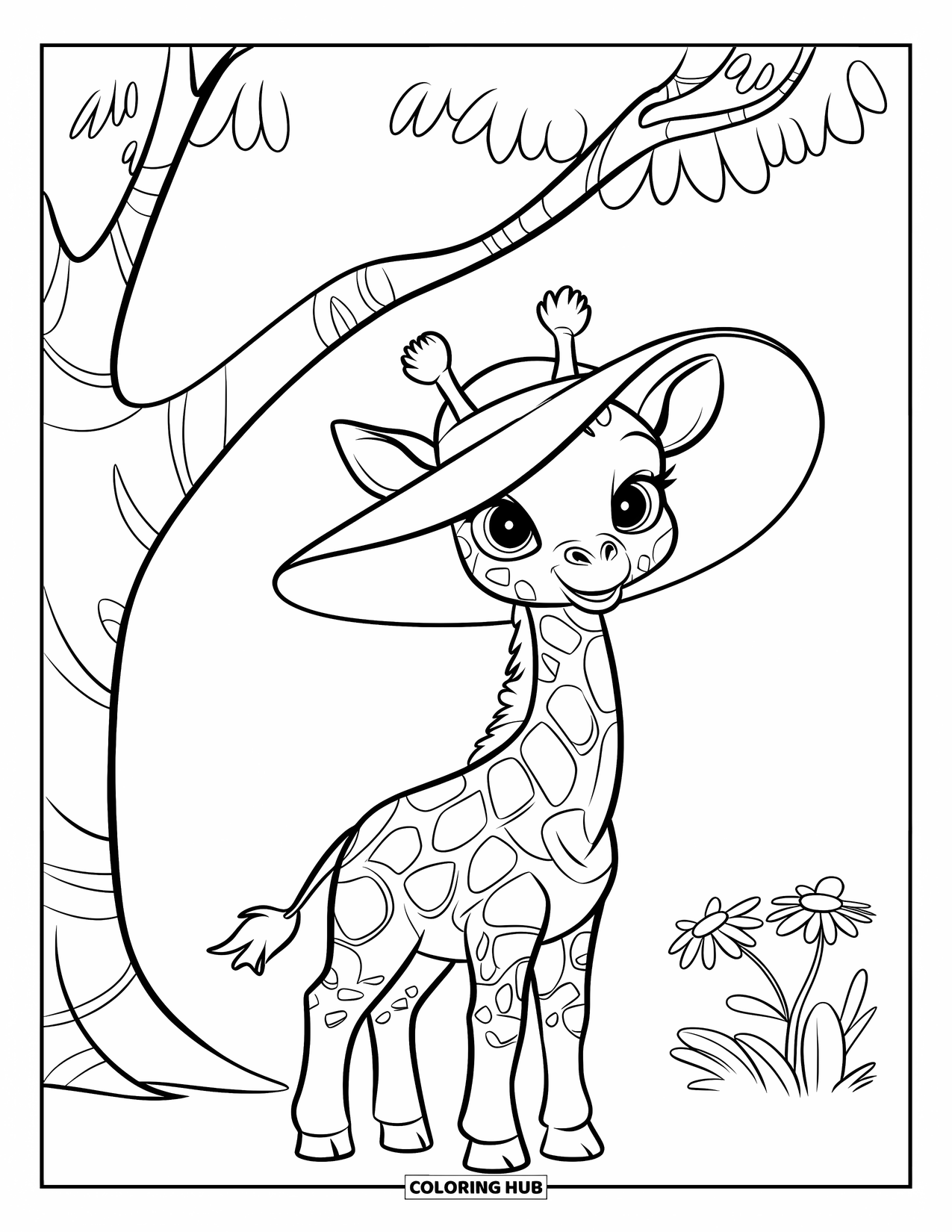 Baby Giraffe Coloring Page for Kids: A giraffe wearing a hat stands under a tree with daisies nearby