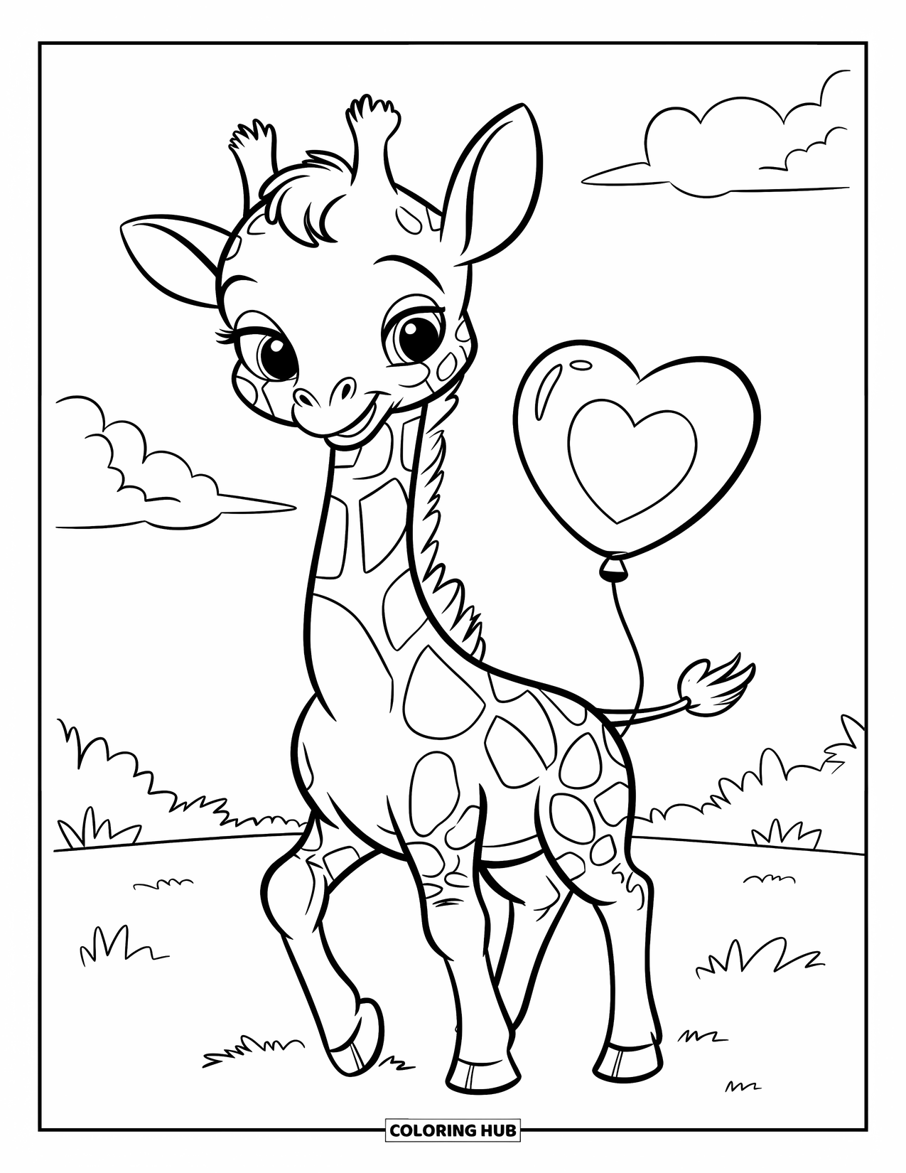Baby Giraffe Coloring Page for Kids: A smiling giraffe with a heart balloon stands in a grassy meadow