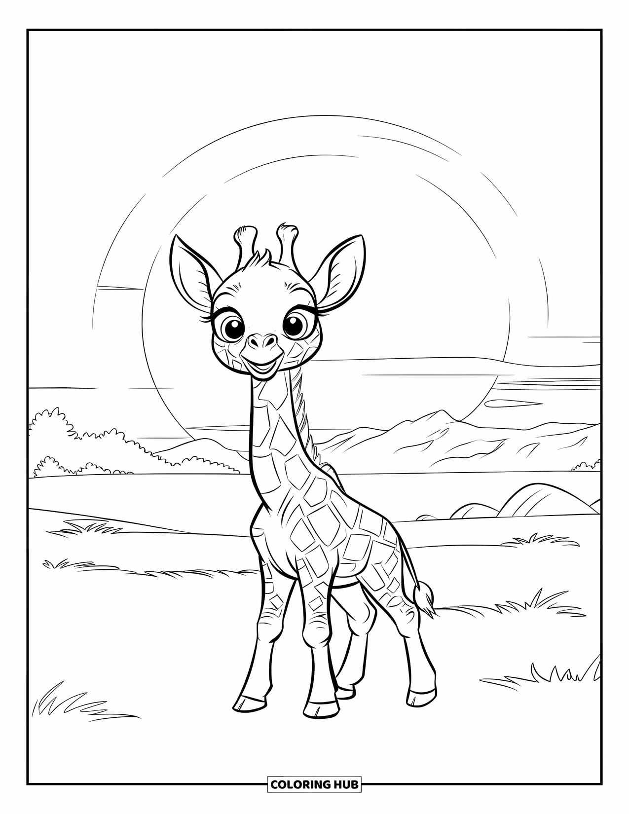 Baby Giraffe Coloring Page for Kids: A wide-eyed baby giraffe stands in grass beneath a sky with mountains far behind