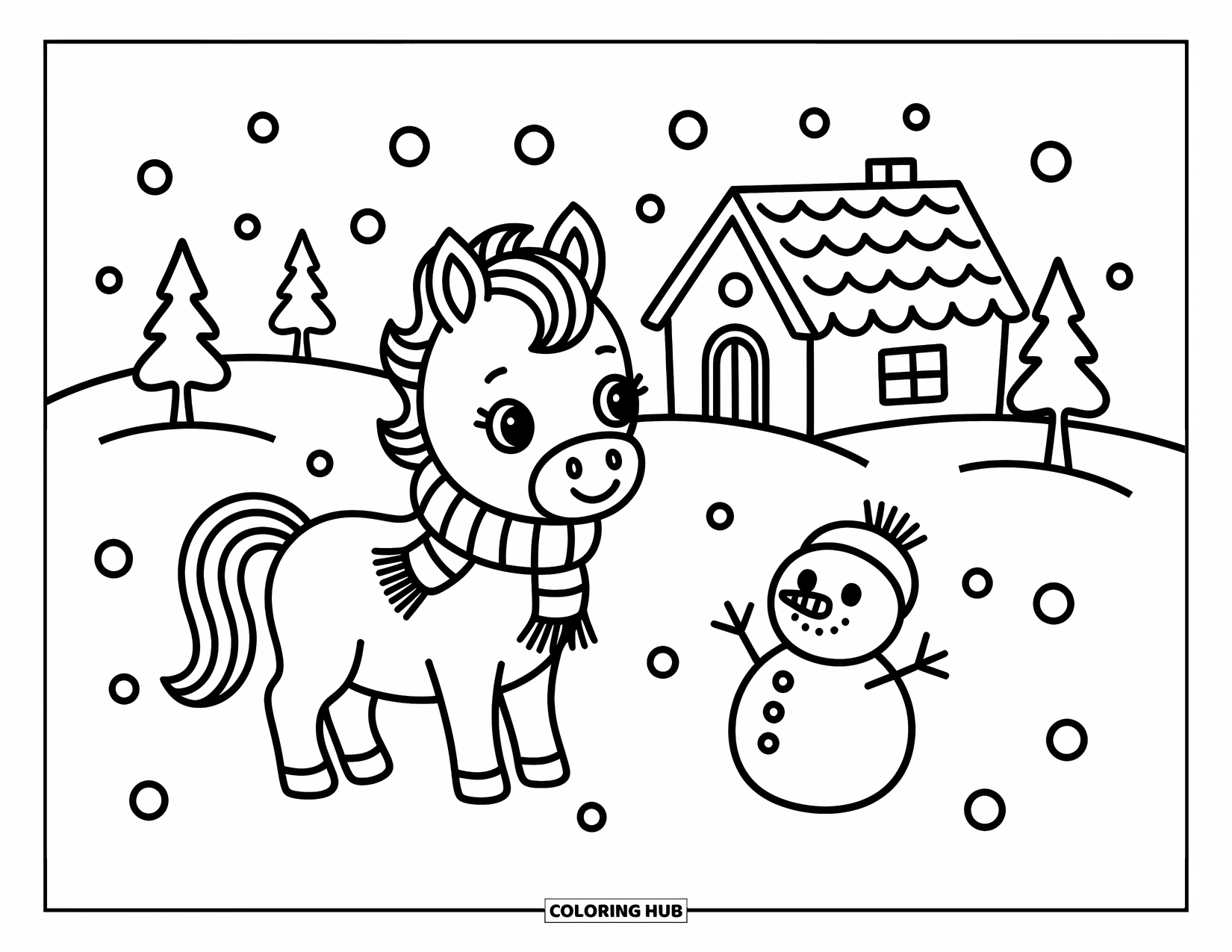 Baby Horse Coloring Page for Adults: A baby horse and a snowman stand together in a snowy scene with a cozy cabin