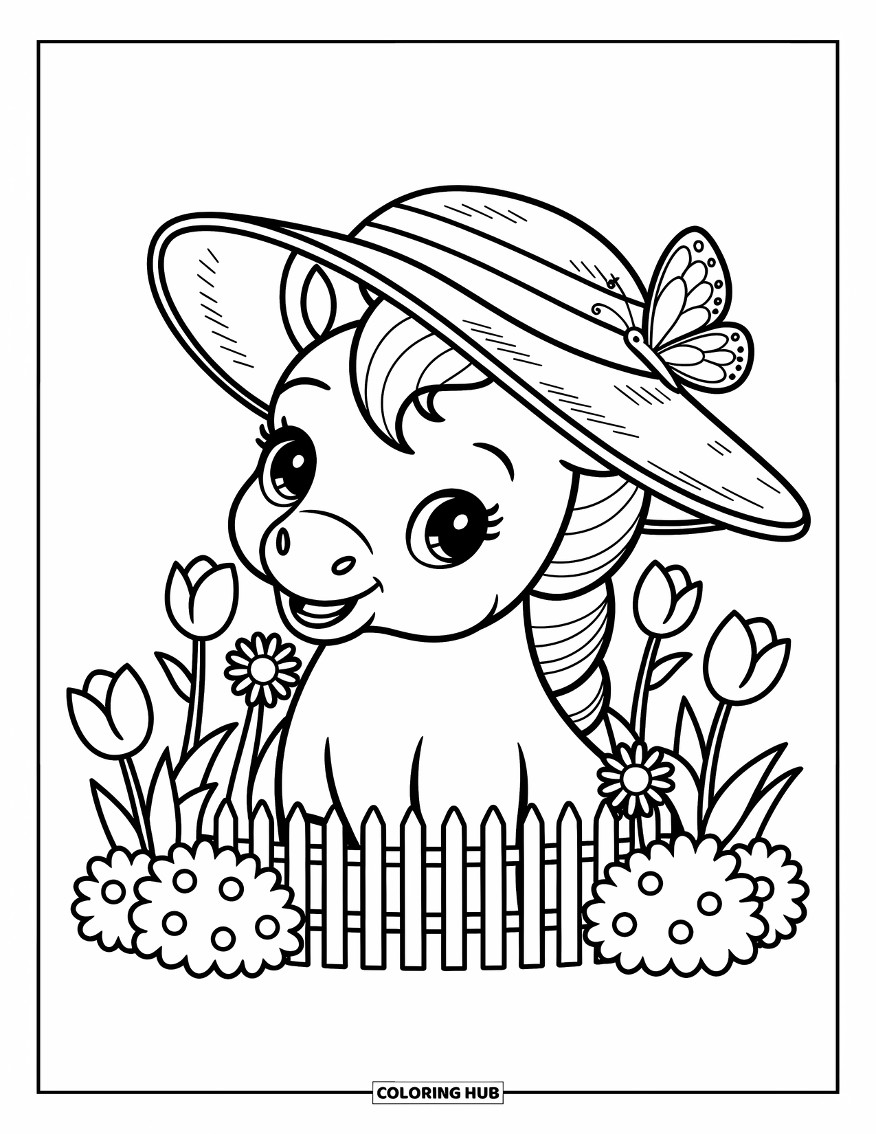 Baby Horse Coloring Page for Adults: A baby horse in a floppy hat peeks from a tulip-filled garden with a butterfly