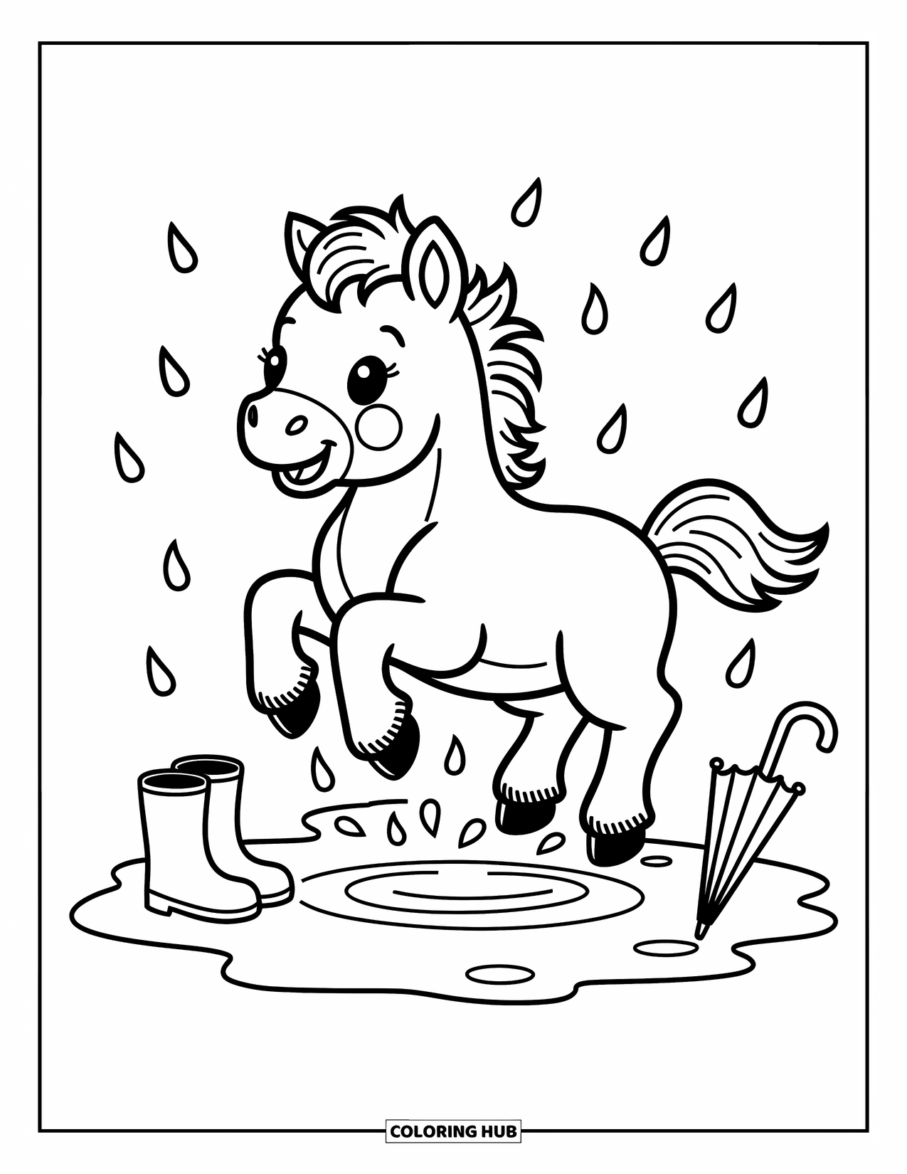 Baby Horse Coloring Page for Adults: A baby horse leaps into a puddle, splashing playfully with boots and an umbrella