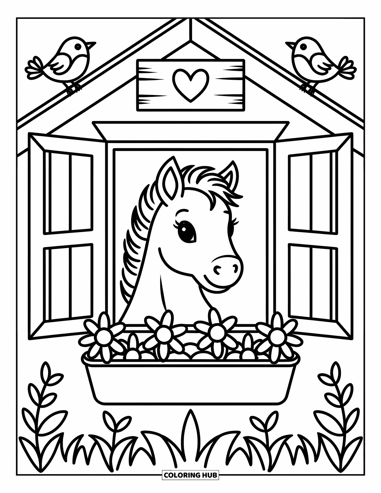 Baby Horse Coloring Page for Adults: A baby horse peeks through a barn window with flowers and birds nearby