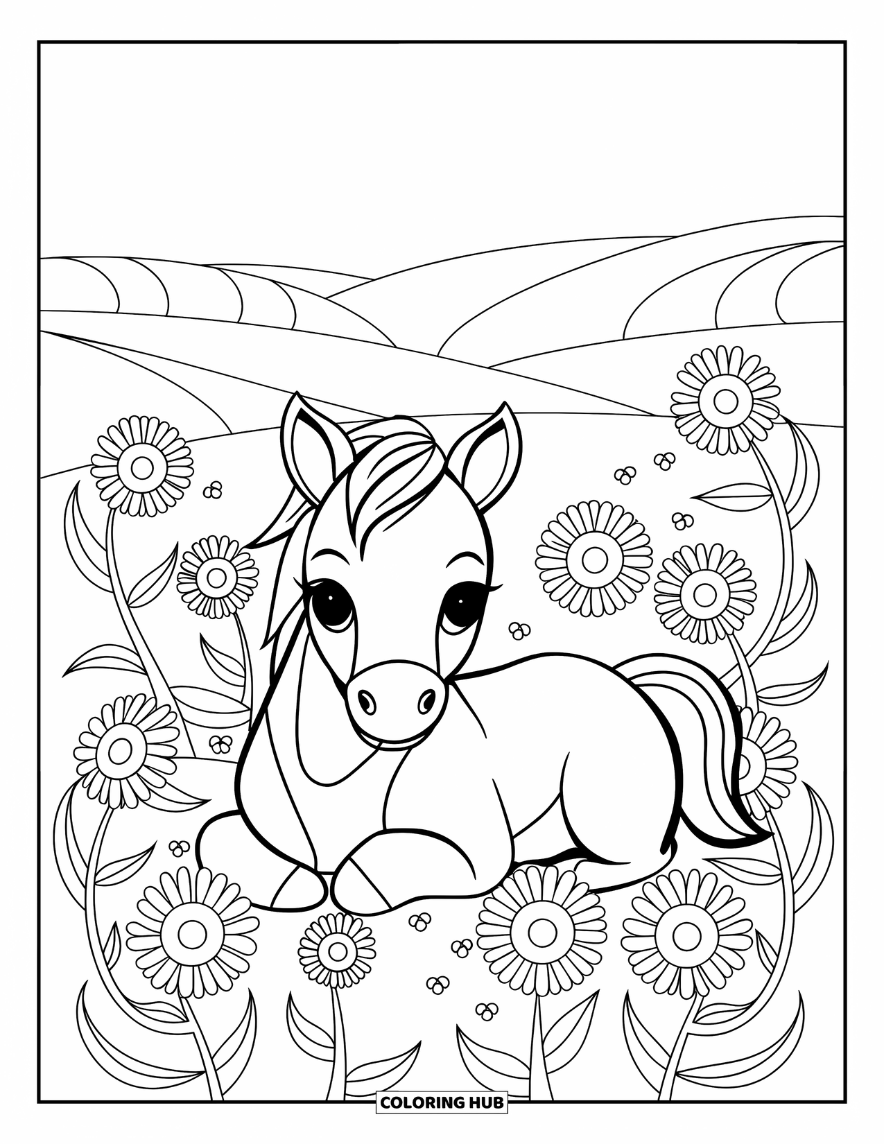 Baby Horse Coloring Page for Adults: A baby horse rests in a field of swirling sunflowers and curling vines