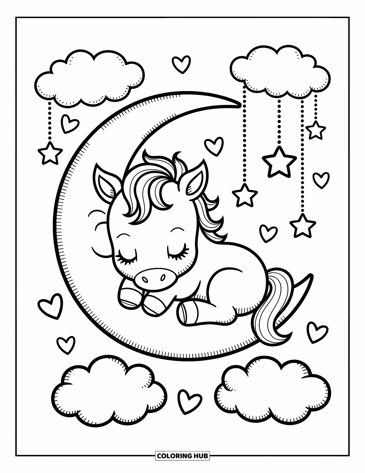 Baby Horse Coloring Page for Adults: A baby horse sleeps peacefully on a moon surrounded by clouds and dangling stars