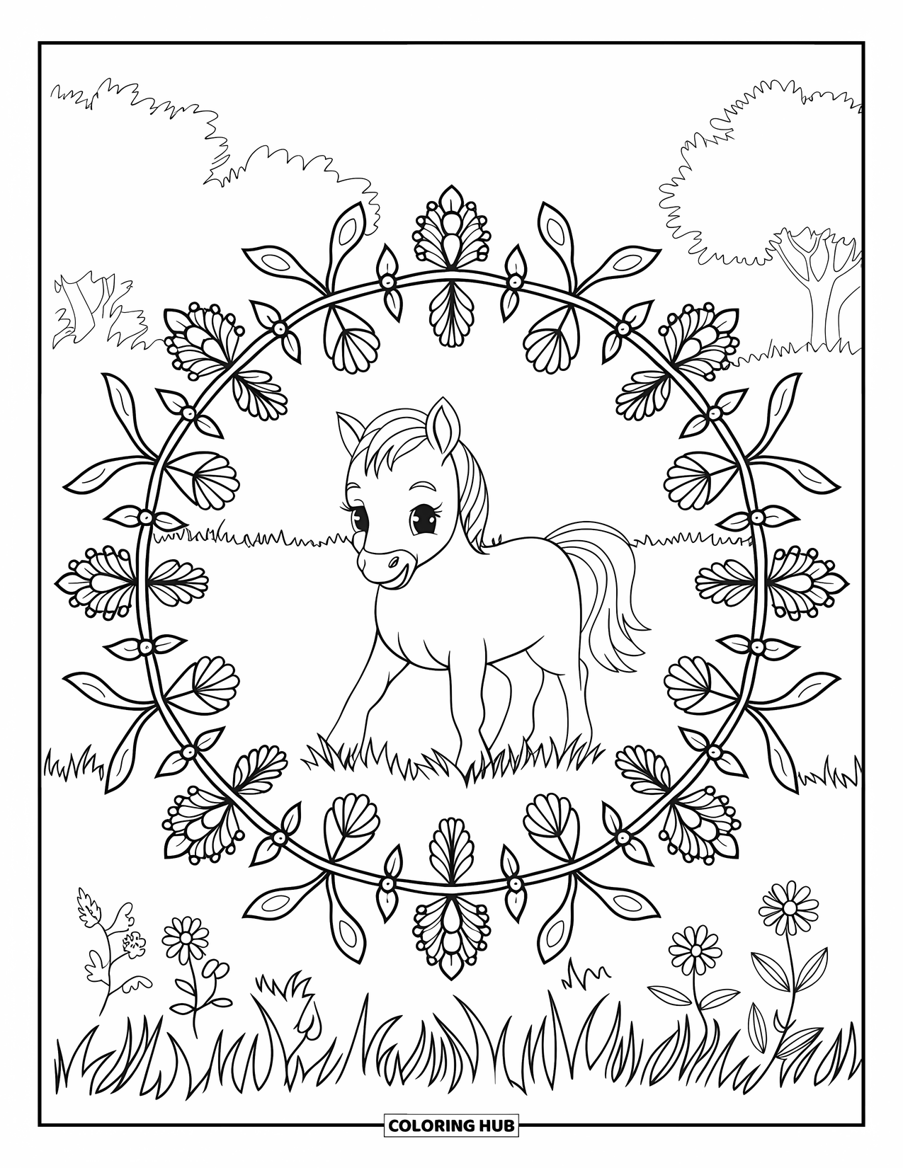 Baby Horse Coloring Page for Adults: A baby horse stands centered in a full-page mandala of wildflowers and leaves