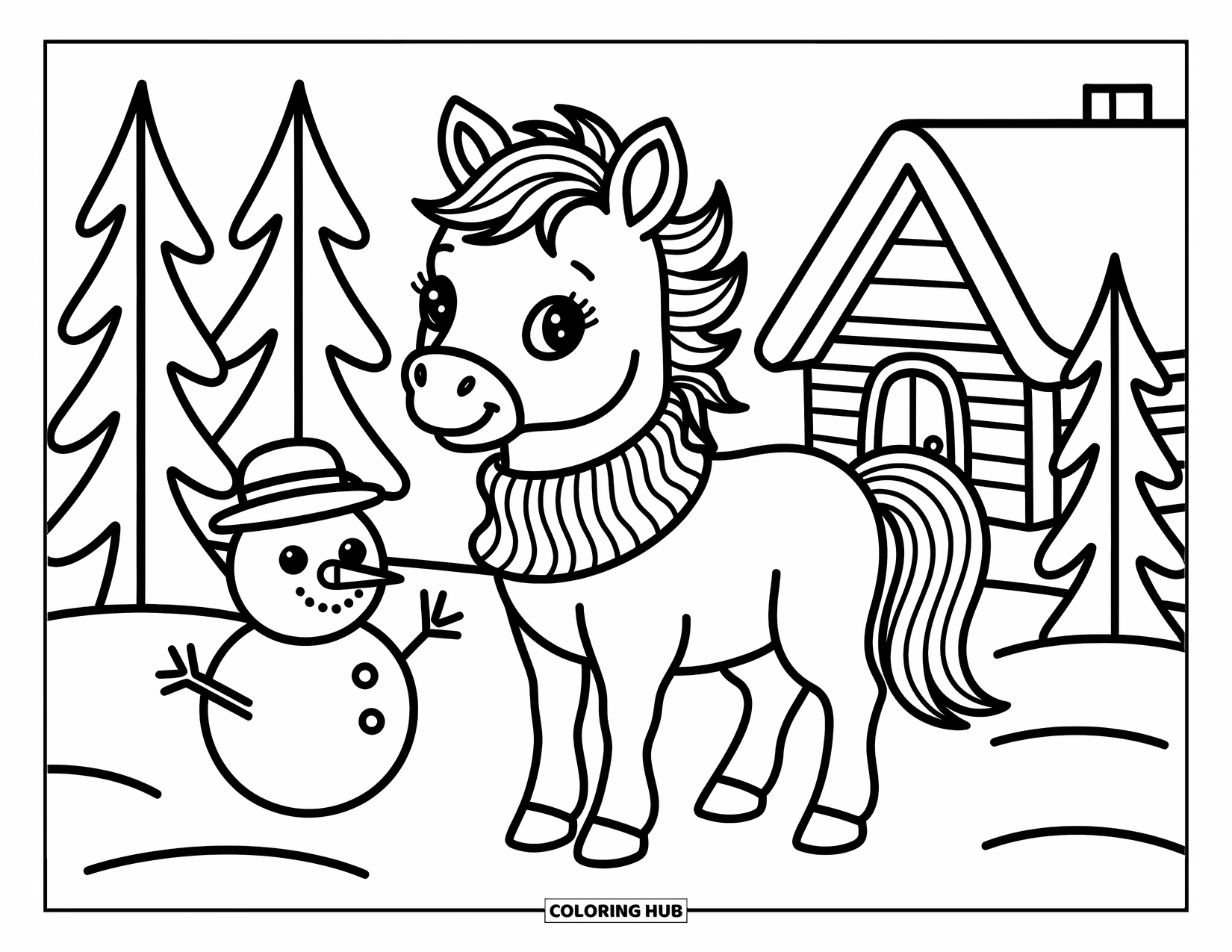 Baby Horse Coloring Page for Adults: A baby horse with a scarf stands in snowy woods beside a snowman and a cabin