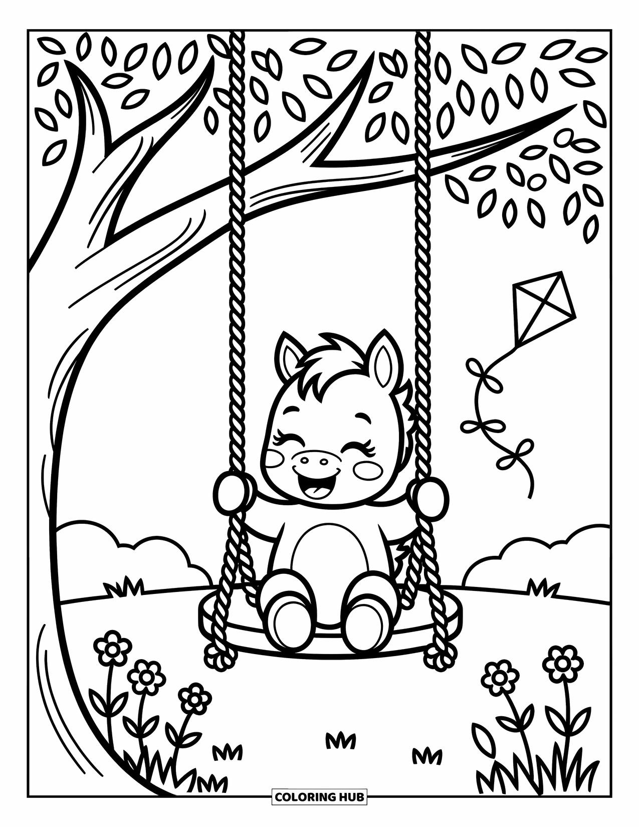 Baby Horse Coloring Page for Adults: A baby horse with eyes closed swings happily under a big leafy tree and a kite