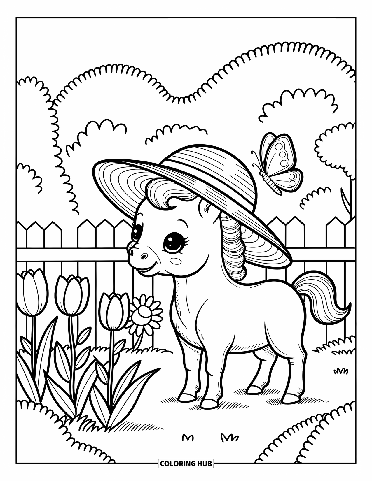 Baby Horse Coloring Page for Adults: A curious foal in a garden wears a hat as a butterfly gently lands on it