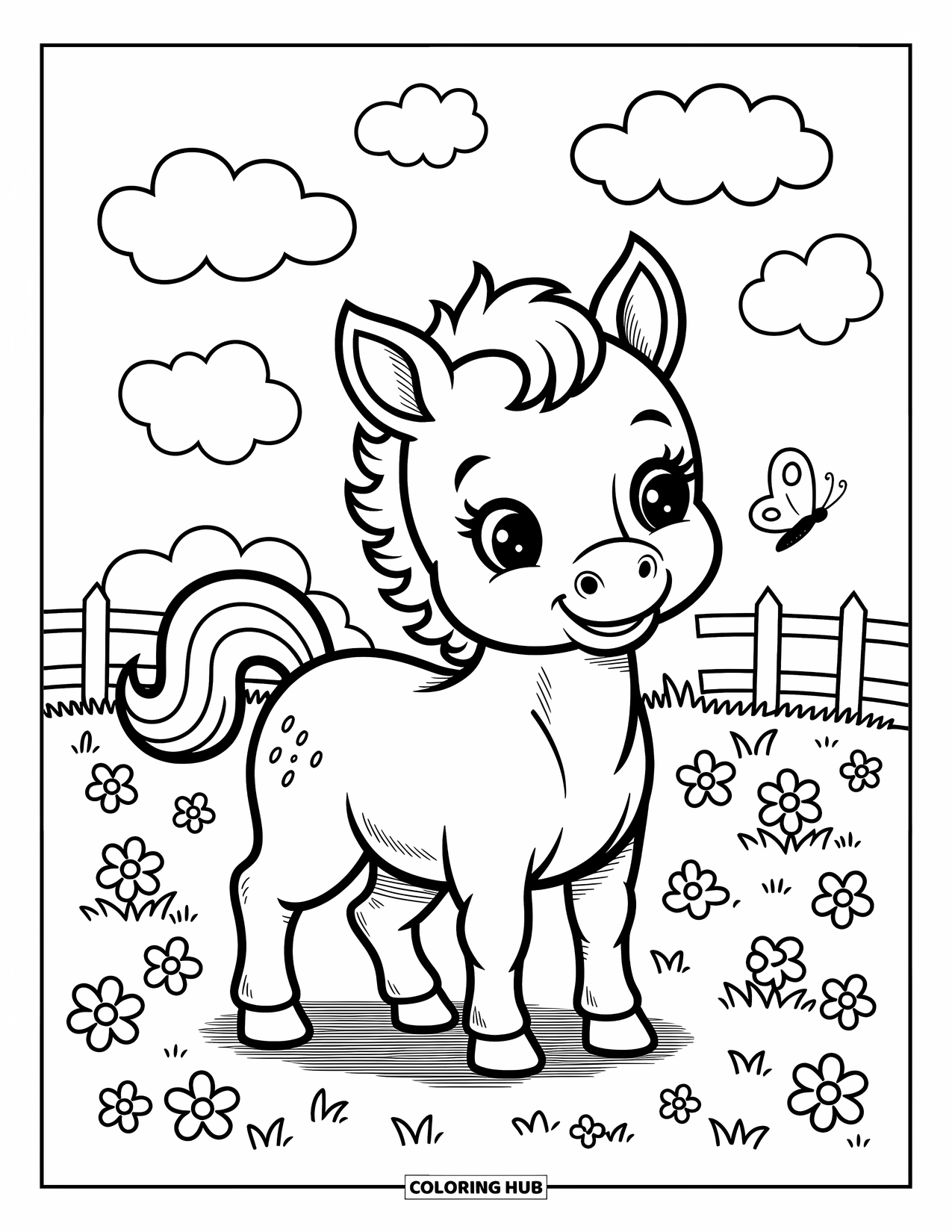 Baby Horse Coloring Page for Adults: A curly-tailed foal watches a butterfly near its nose in a cozy, flower-dotted field