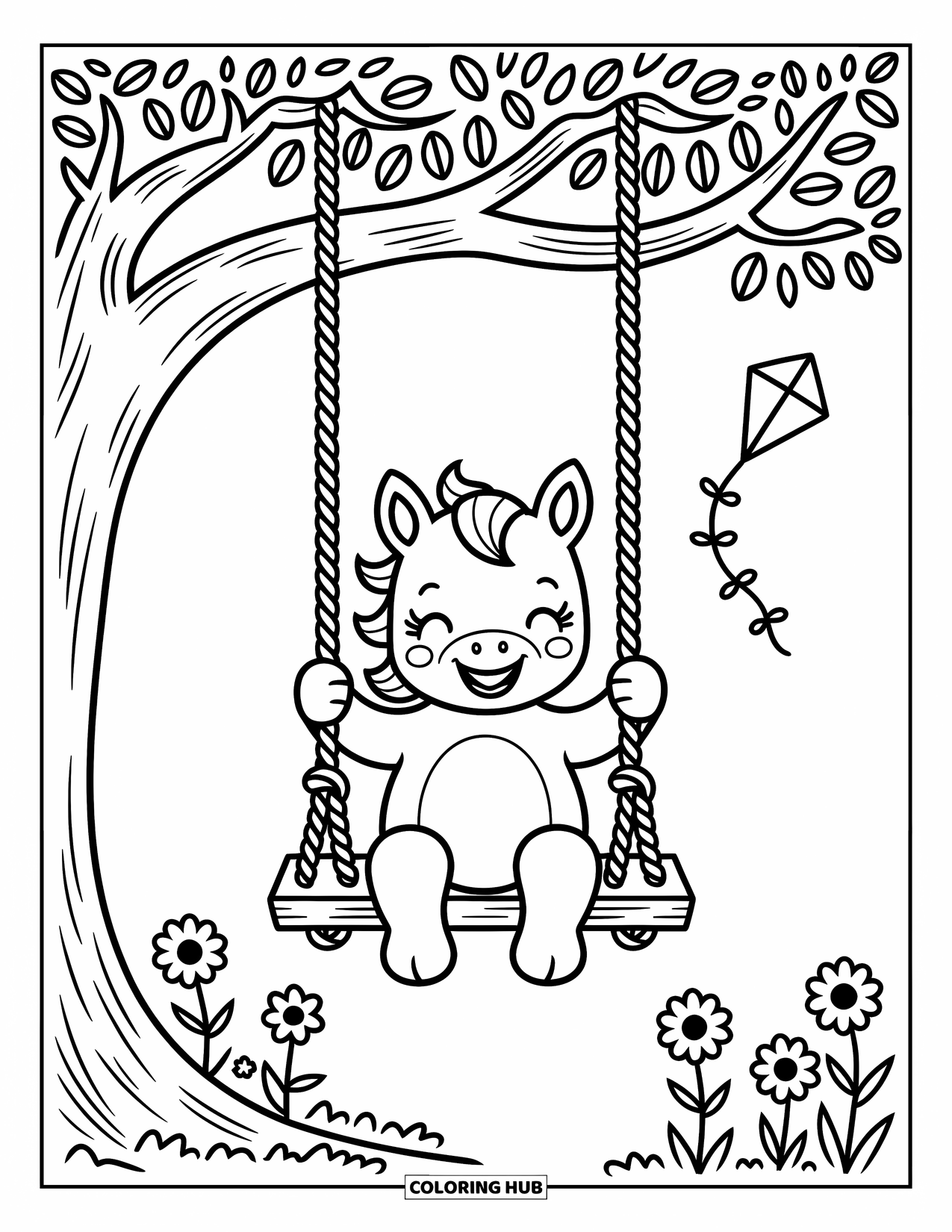 Baby Horse Coloring Page for Adults: A foal enjoys a rope swing under a leafy tree with flowers and a kite nearby