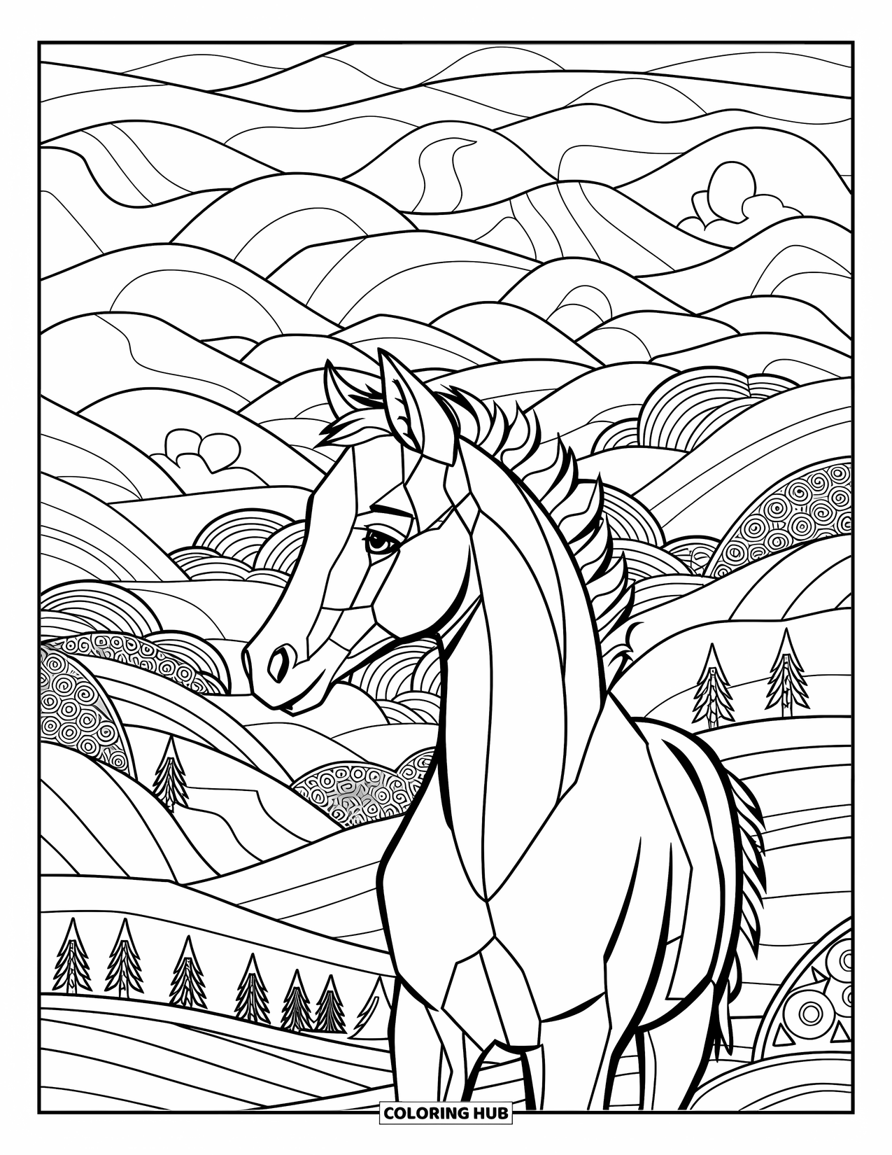 Baby Horse Coloring Page for Adults: A foal looks back over its shoulder in a stained glass scene of hills and sky