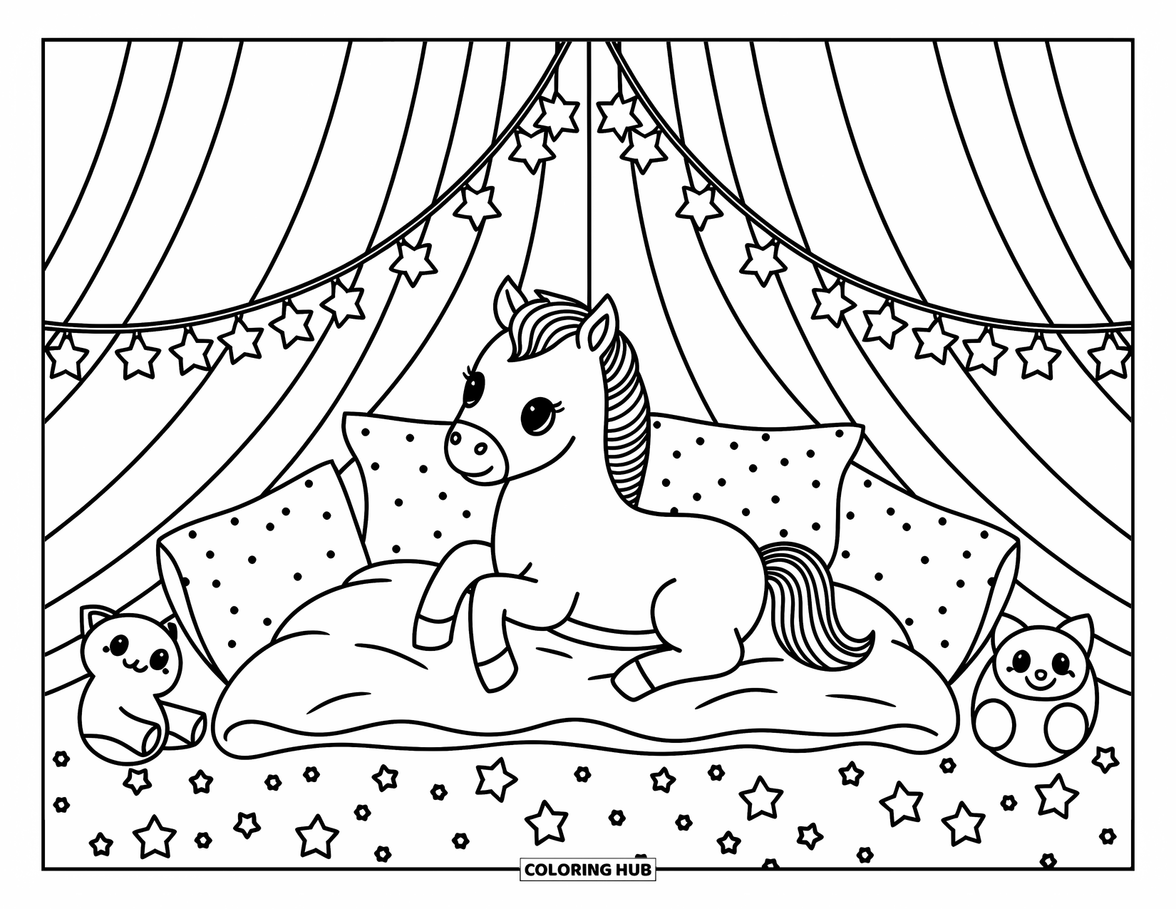 Baby Horse Coloring Page for Adults: A foal relaxes in a magical fort filled with pillows, plush toys, and star lights