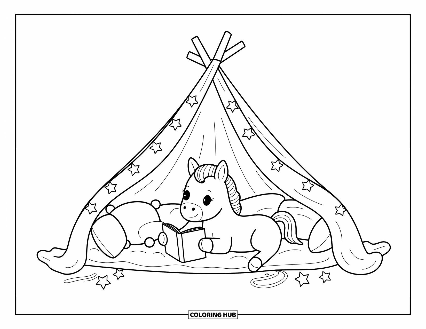 Baby Horse Coloring Page for Adults: A foal rests in a pillow fort, reading a tiny book under twinkling string lights