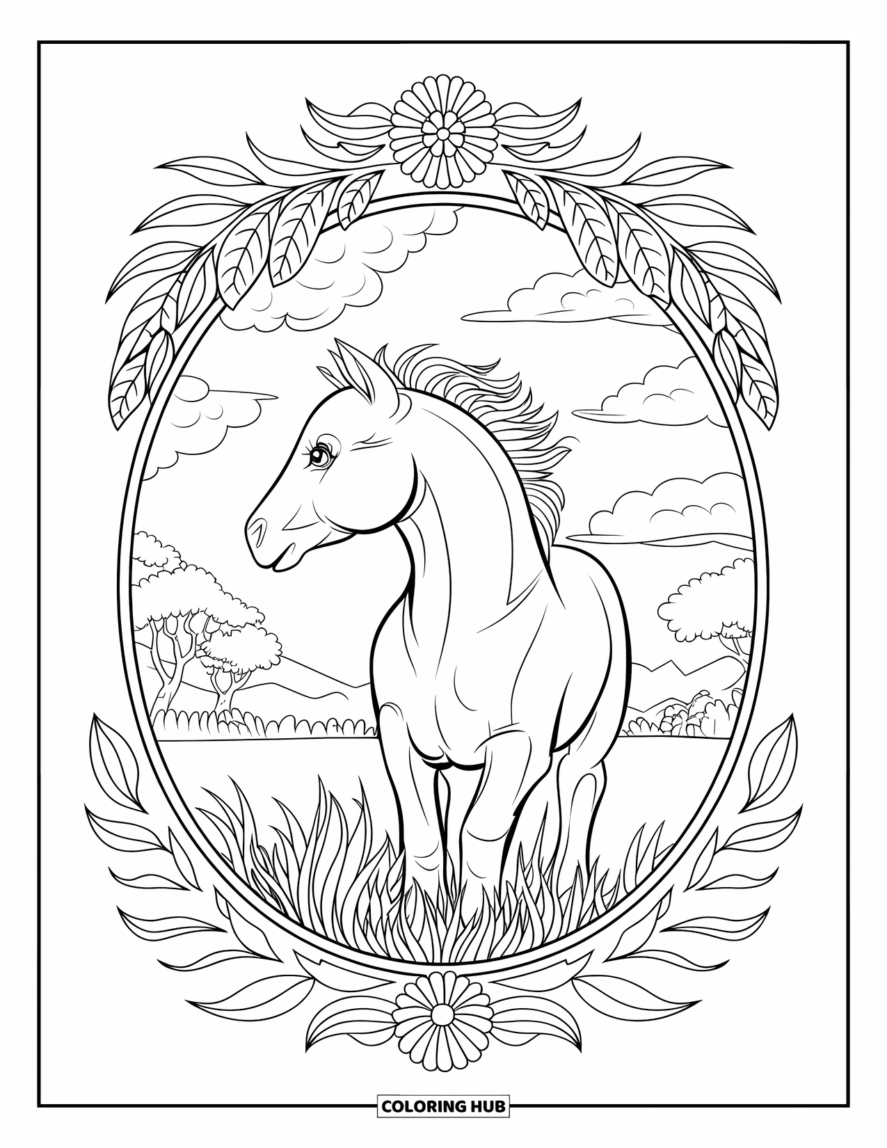 Baby Horse Coloring Page for Adults: A foal stands in grass within an ornate floral and feather oval frame