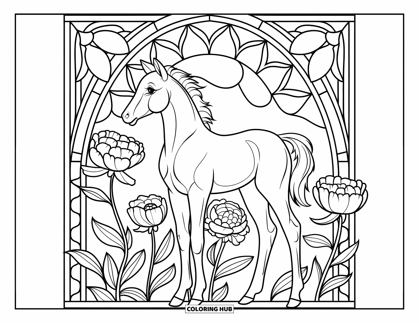 Baby Horse Coloring Page for Adults: A foal surrounded by peonies stands beneath arching stained glass shapes and patterns
