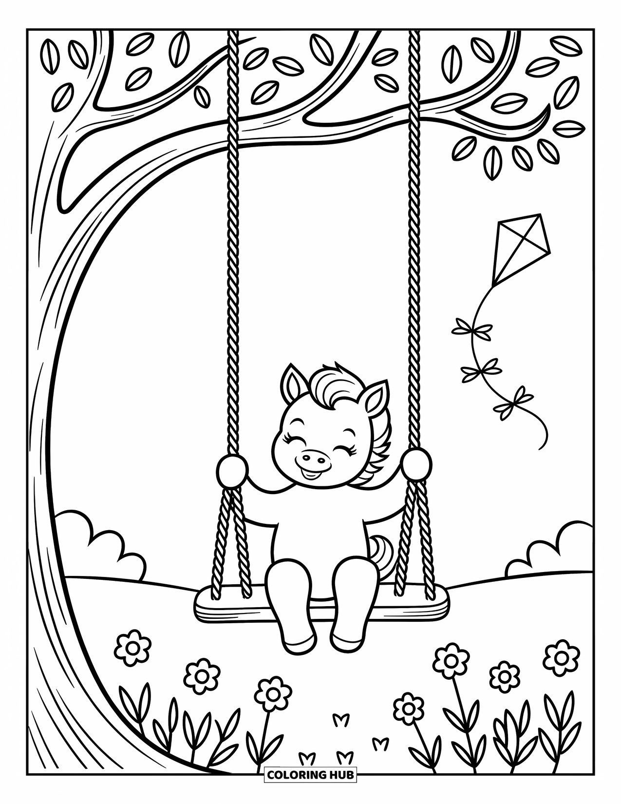 Baby Horse Coloring Page for Adults: A foal swings joyfully from a tree surrounded by flowers and a floating kite