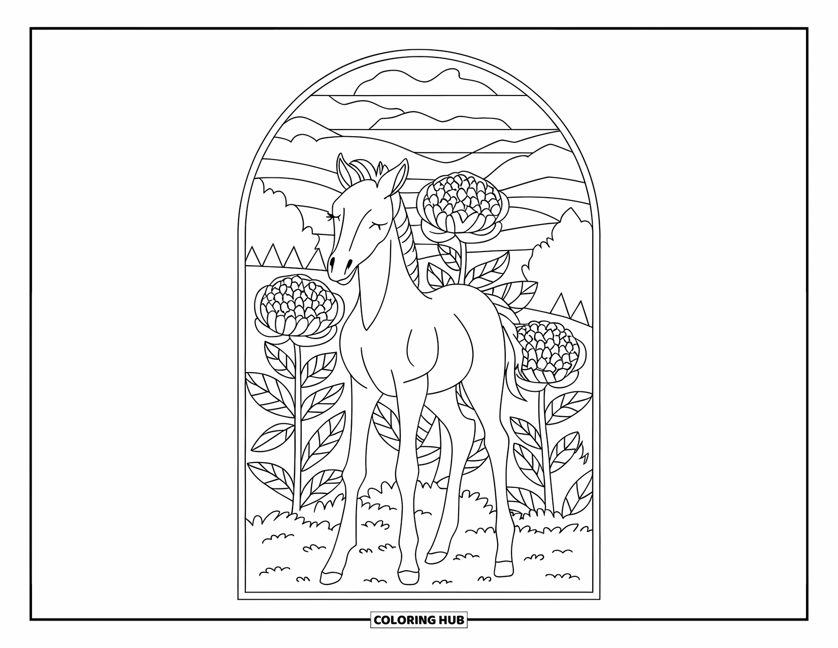 Baby Horse Coloring Page for Adults: A foal with closed eyes stands among peonies framed by stained glass lines