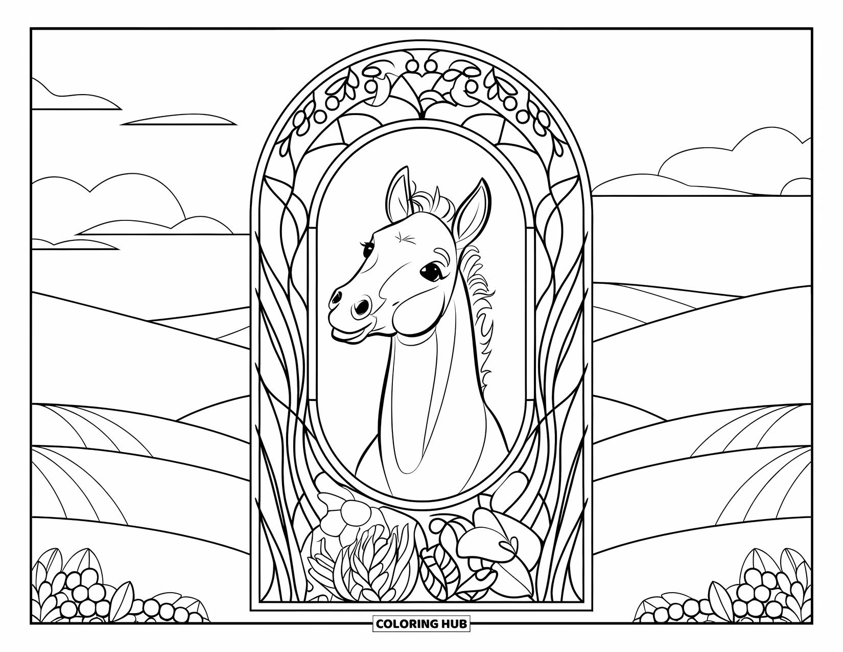 Baby Horse Coloring Page for Adults: A foal with its head held high stands inside a stained glass floral frame
