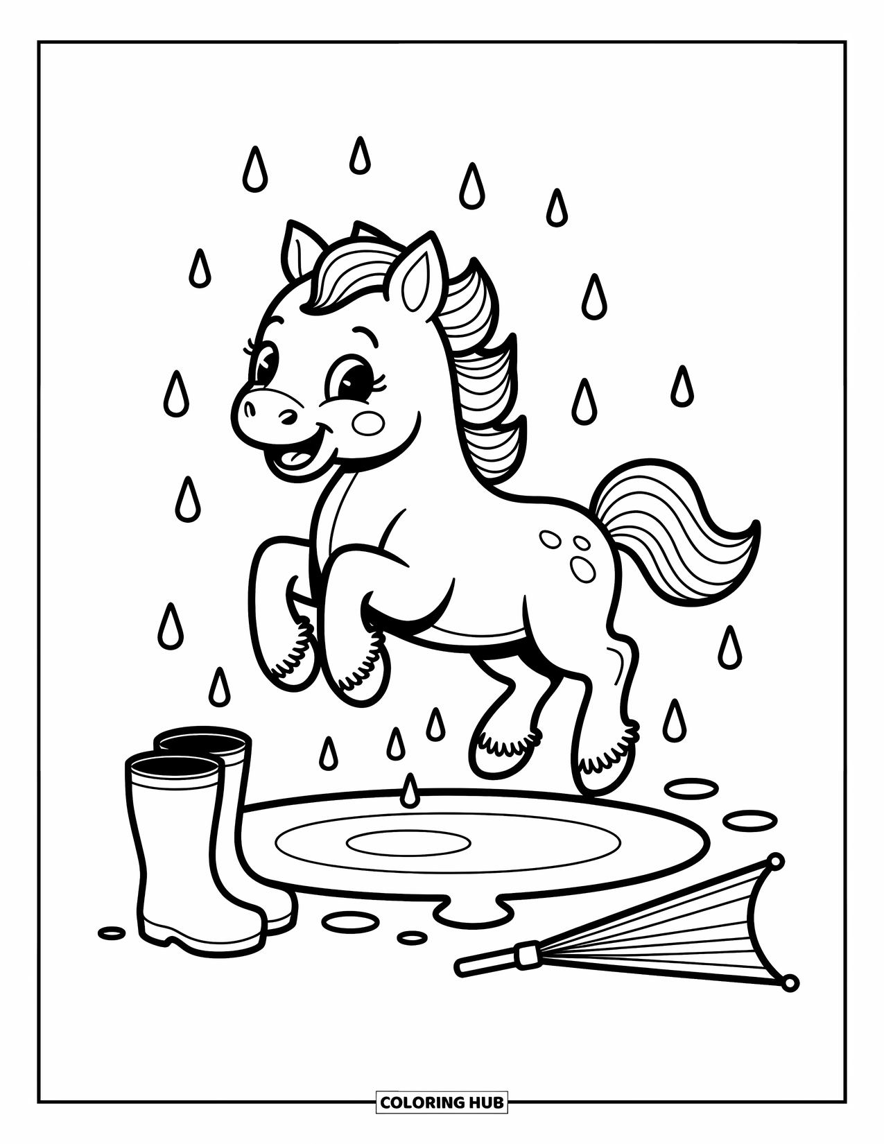 Baby Horse Coloring Page for Adults: A joyful foal leaps into a puddle with water drops flying and boots nearby