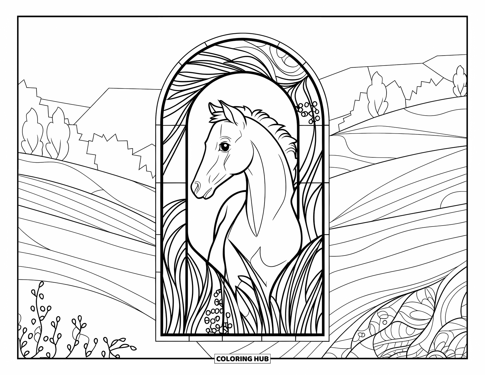 Baby Horse Coloring Page for Adults: A proud foal stands in a floral stained glass frame with trees and rolling hills