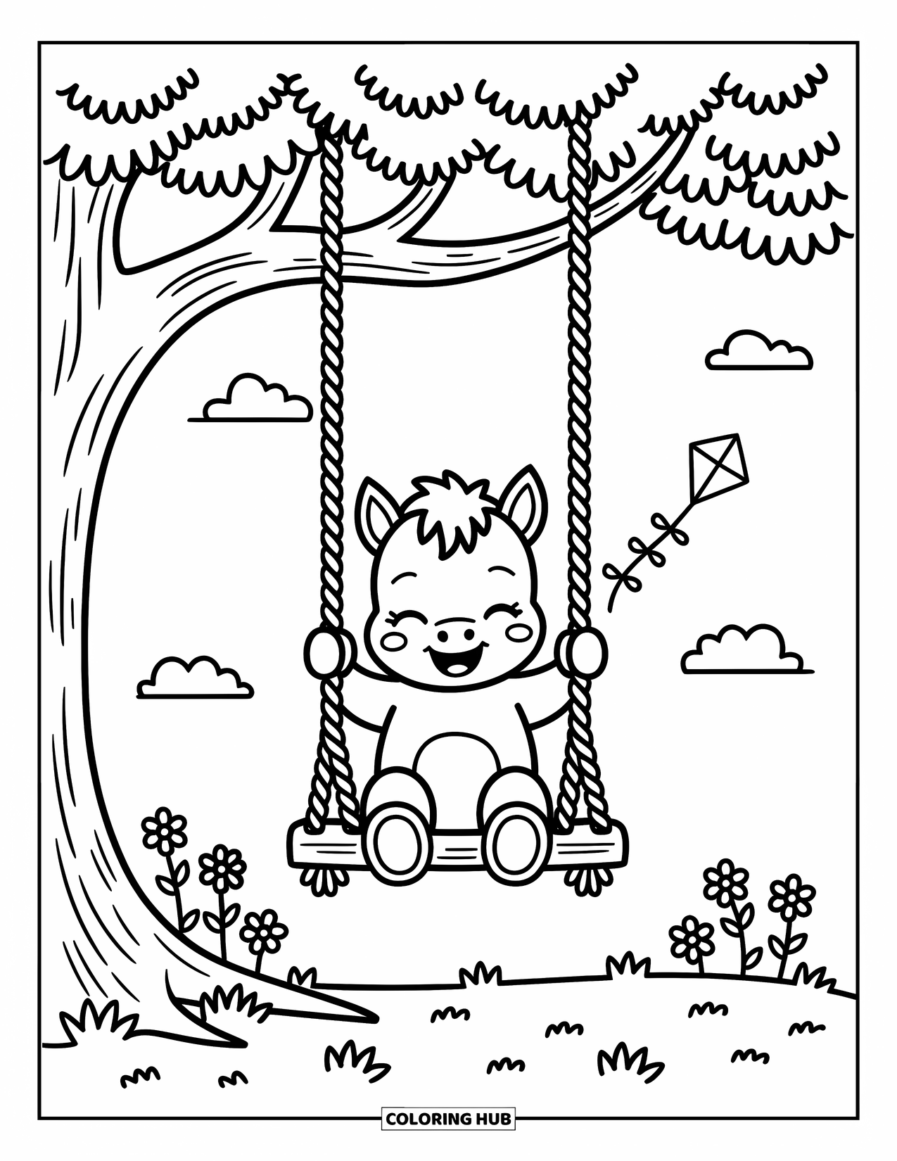 Baby Horse Coloring Page for Adults: A smiling foal swings from a tree branch as wildflowers bloom and a kite flies
