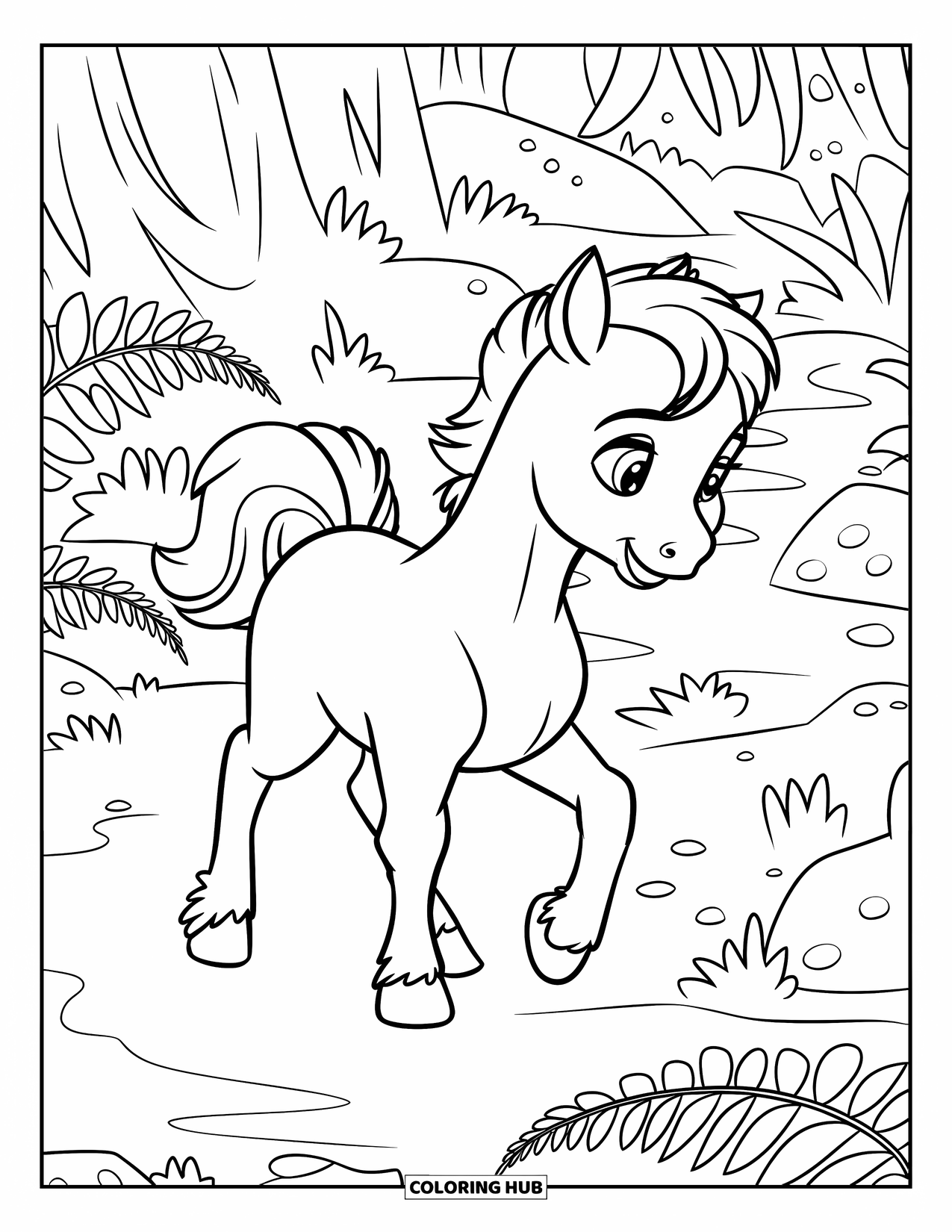 Baby Horse Coloring Page for Kids: A baby horse explores a fern-covered forest path lined with mossy stones
