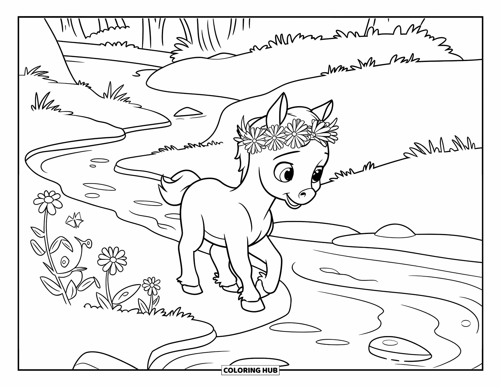 Baby Horse Coloring Page for Kids: A baby horse in wildflowers strolls beside a peaceful stream with trees and rocks