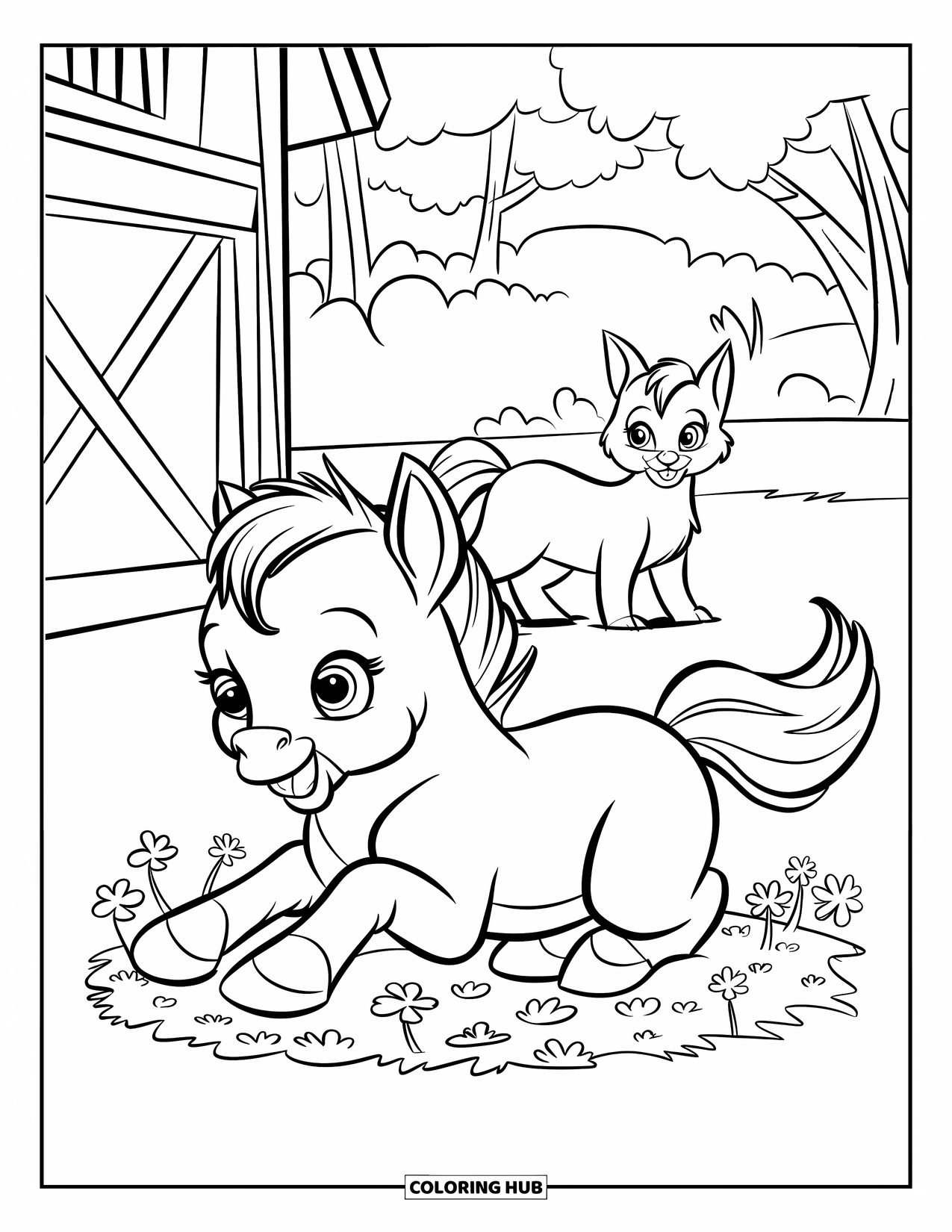 Baby Horse Coloring Page for Kids: A baby horse rolls in clover as a barn cat quietly watches nearby