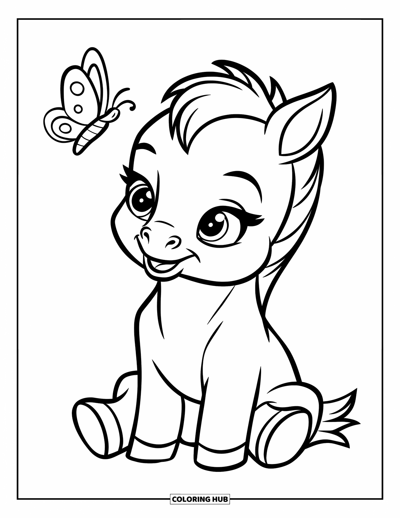 Baby Horse Coloring Page for Kids: A baby horse sits calmly as a butterfly hovers above its nose