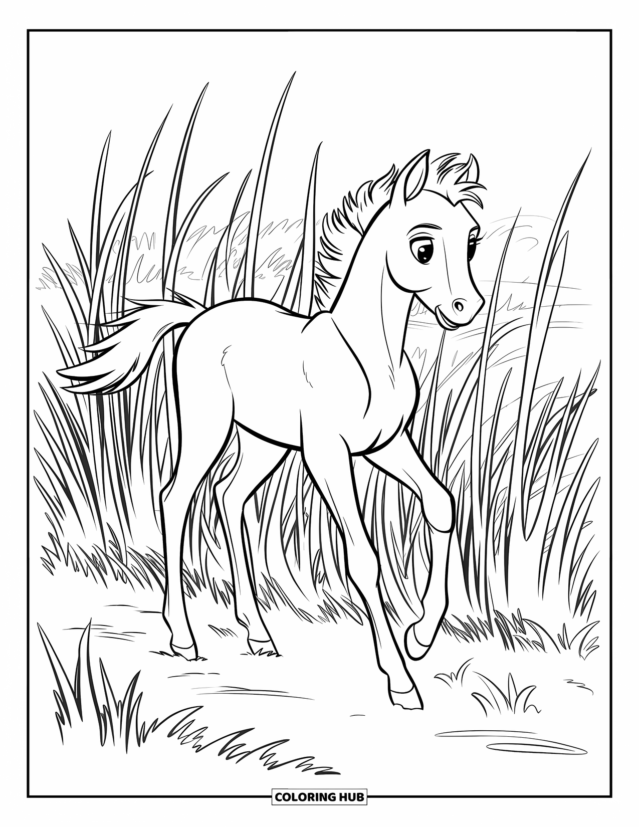 Baby Horse Coloring Page for Kids: A black-and-white foal swishes its tail while walking through tall grass