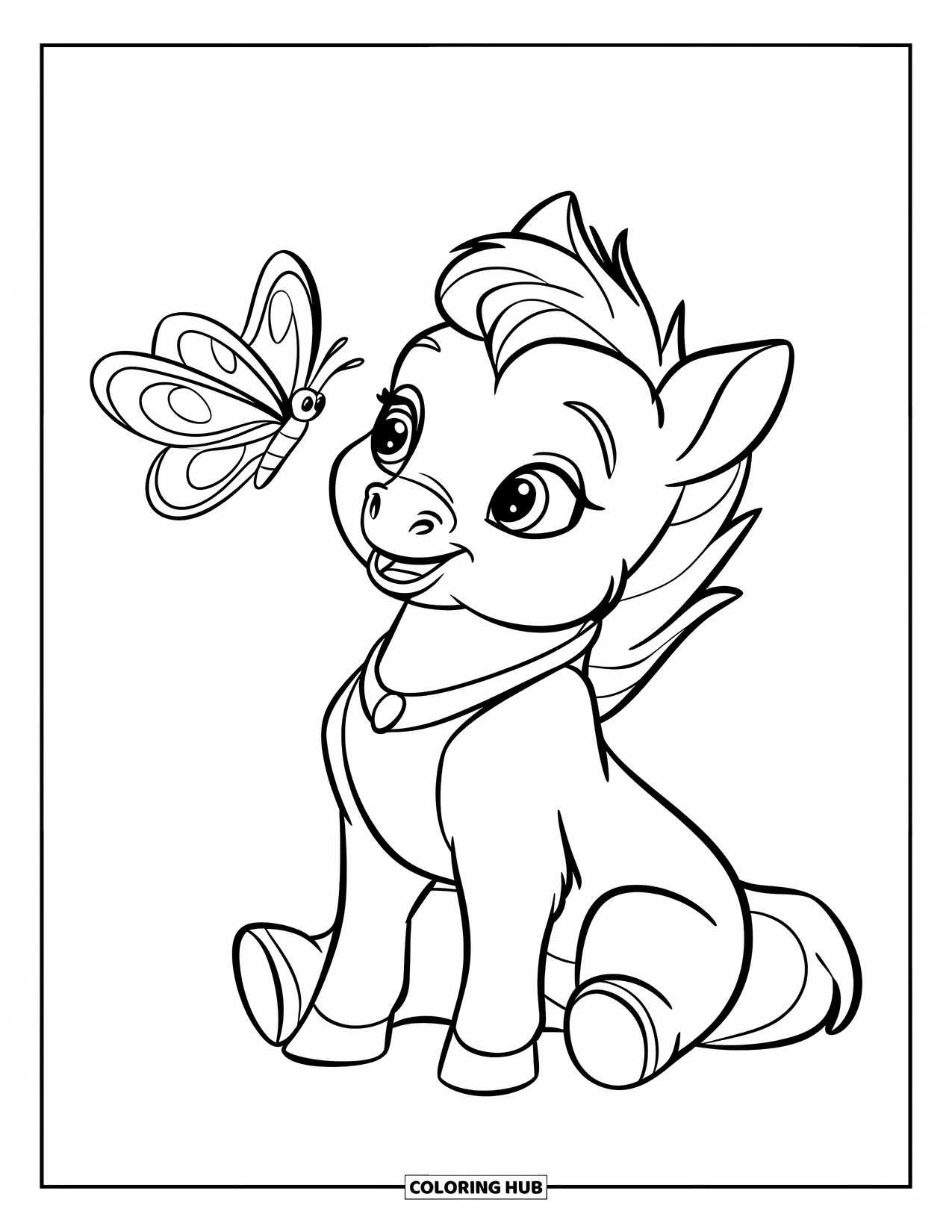 Baby Horse Coloring Page for Kids: A fluffy foal with a red collar sits with a butterfly floating nearby