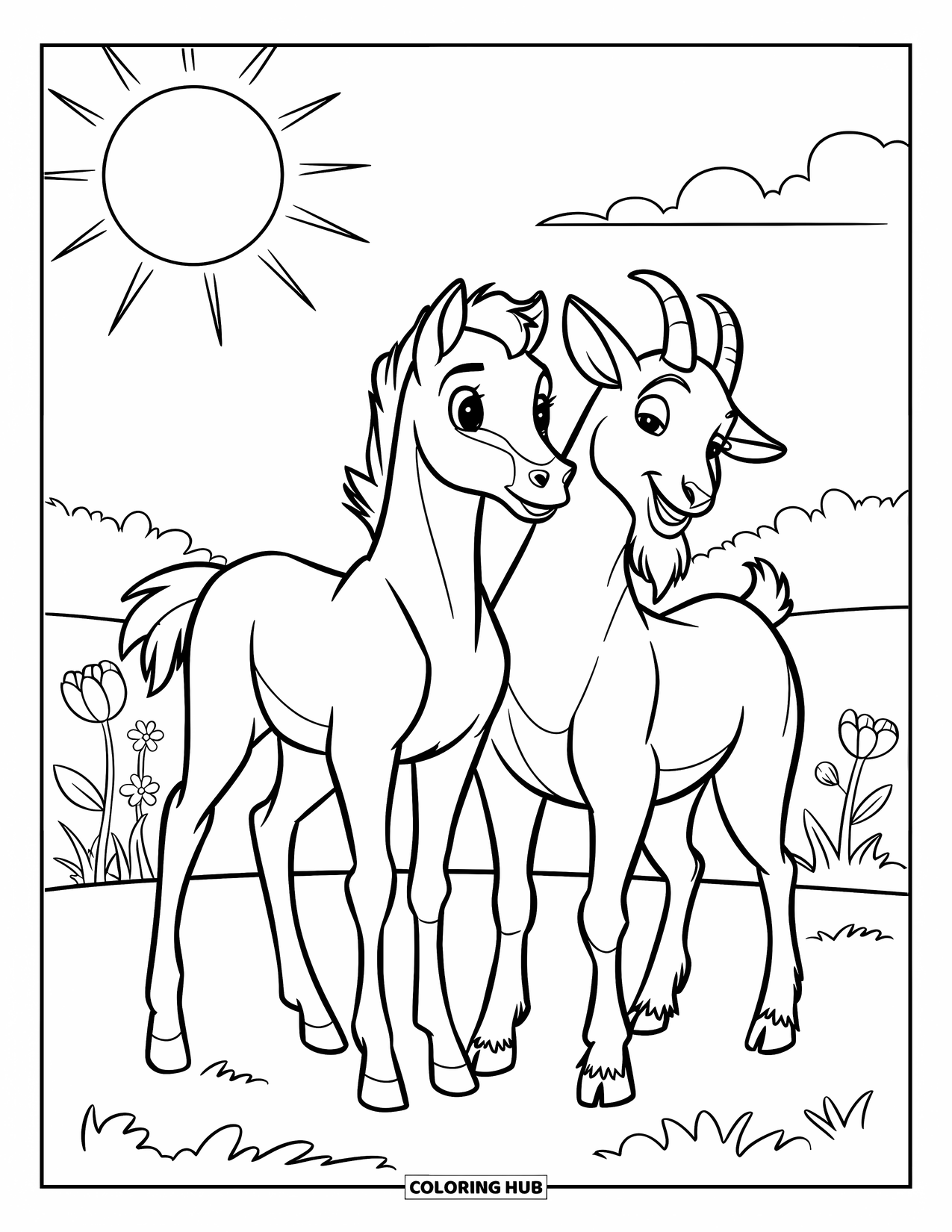 Baby Horse Coloring Page for Kids: A foal and a goat stand together in a sunny field with flowers