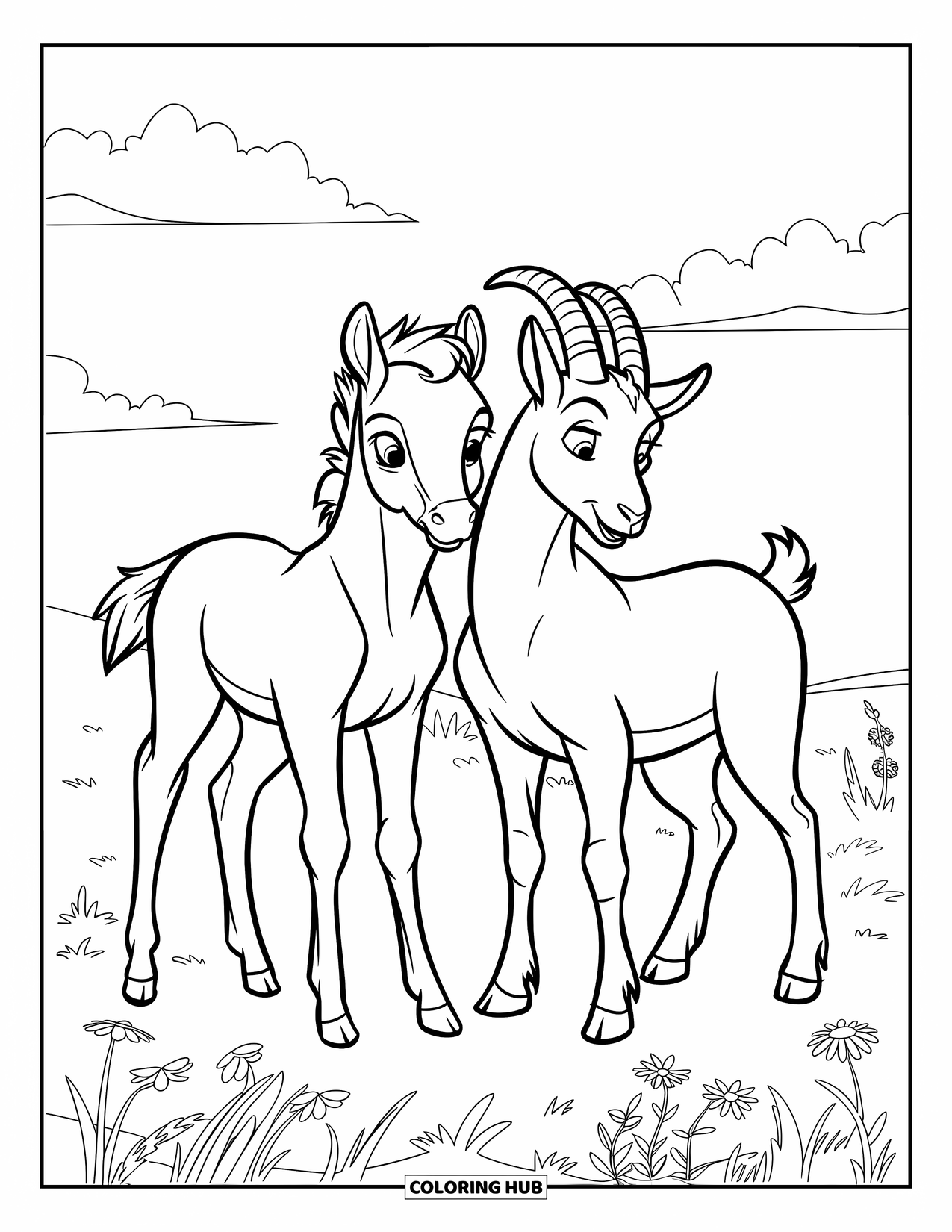 Baby Horse Coloring Page for Kids: A foal and goat stand peacefully in a meadow filled with wildflowers