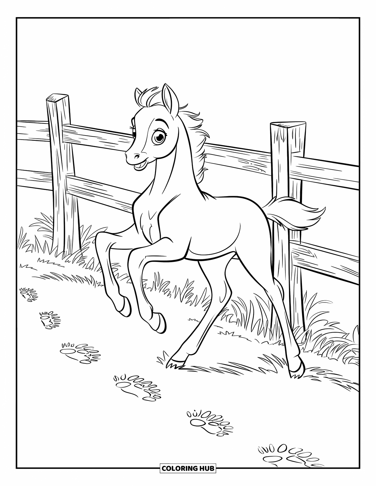 Baby Horse Coloring Page for Kids: A foal gallops near a worn wooden fence, leaving hoofprints behind
