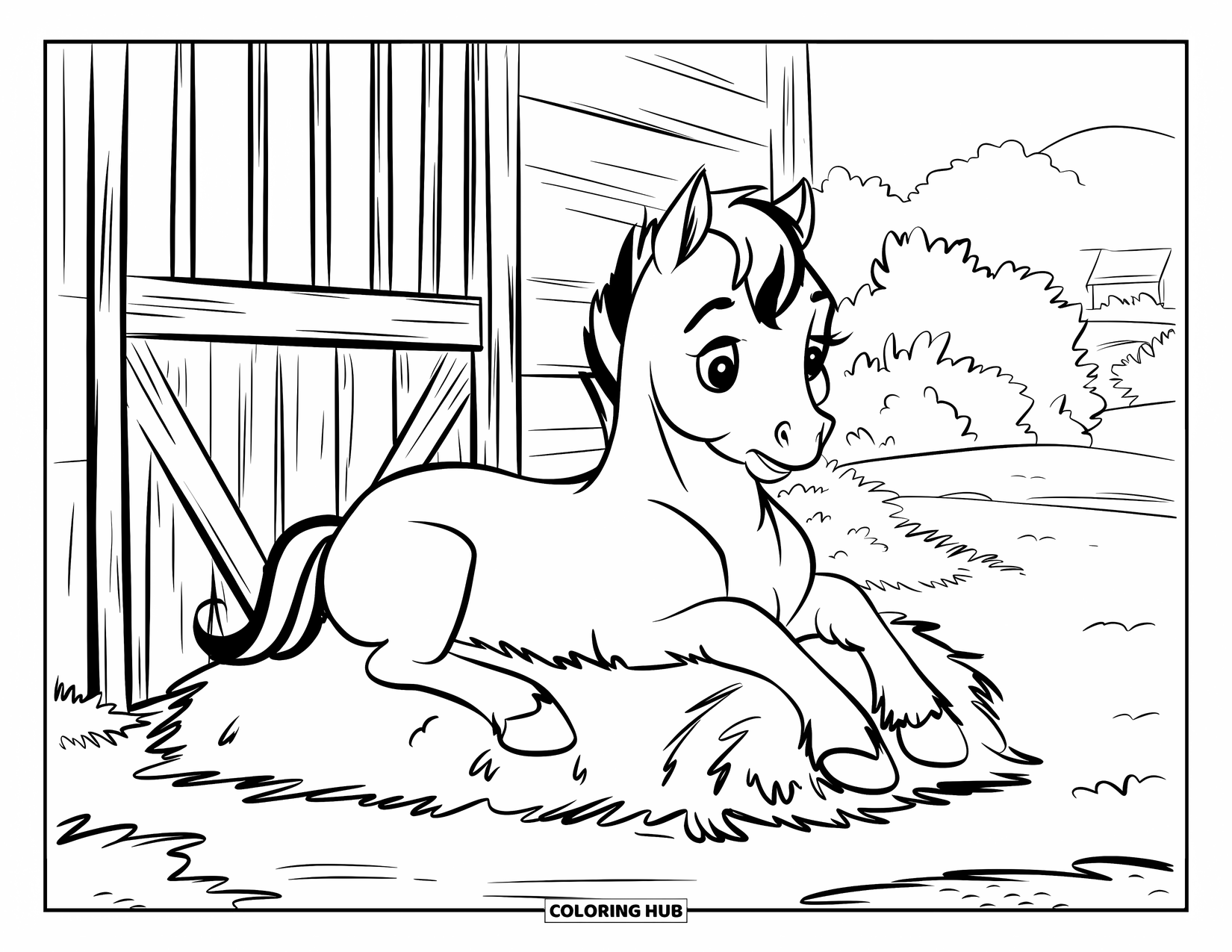 Baby Horse Coloring Page for Kids: A foal lies on hay in a barn, framed by wooden beams and open fields