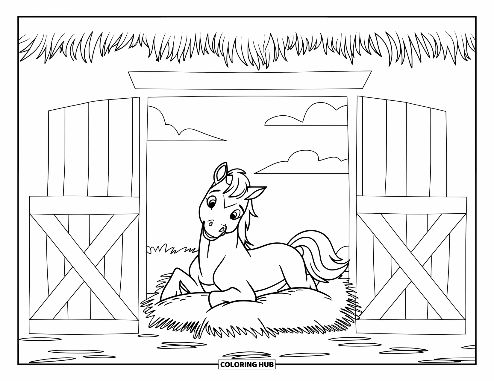 Baby Horse Coloring Page for Kids: A foal relaxes on a haystack under a thatched barn roof and clear skies