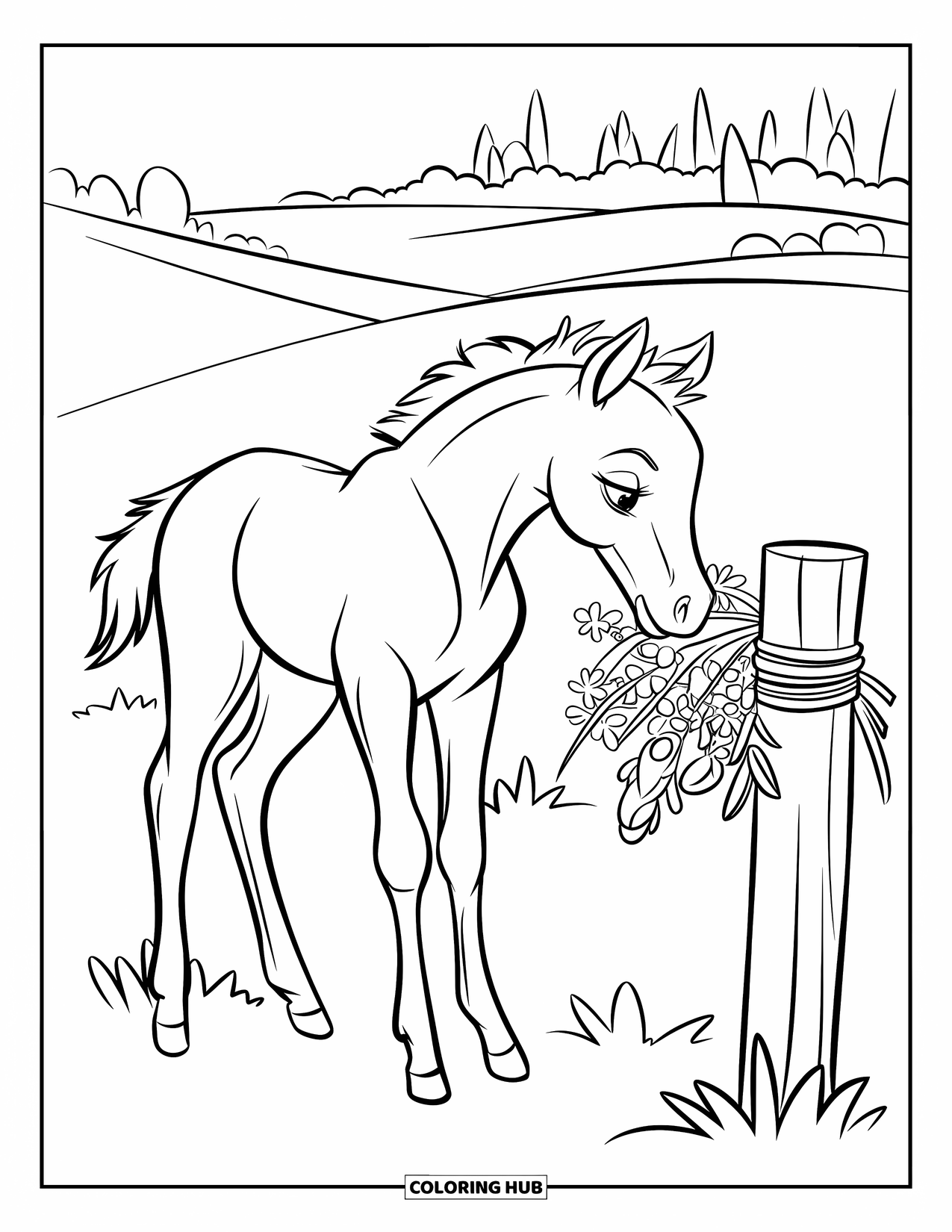 Baby Horse Coloring Page for Kids: A foal sniffs flowers tied to a wooden post in a peaceful field