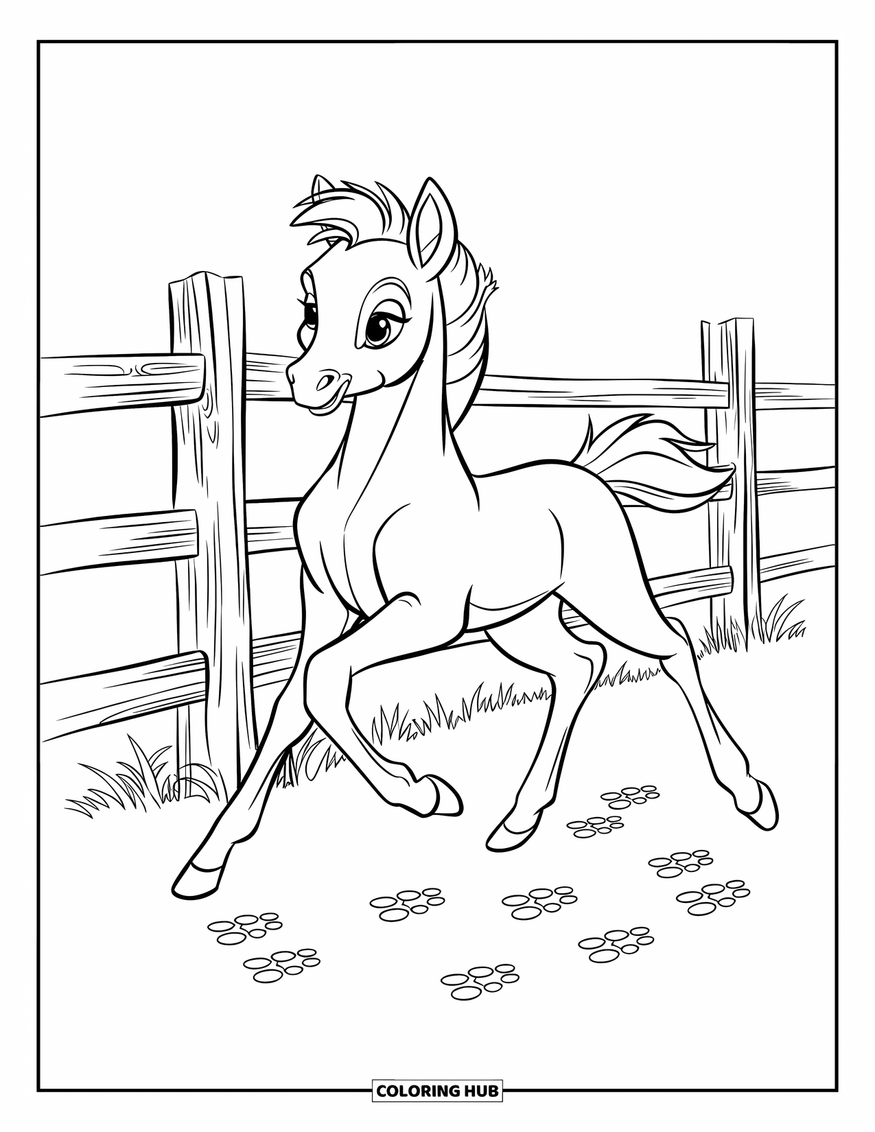 Baby Horse Coloring Page for Kids: A foal stands in motion beside a rustic fence with bold hoofprints
