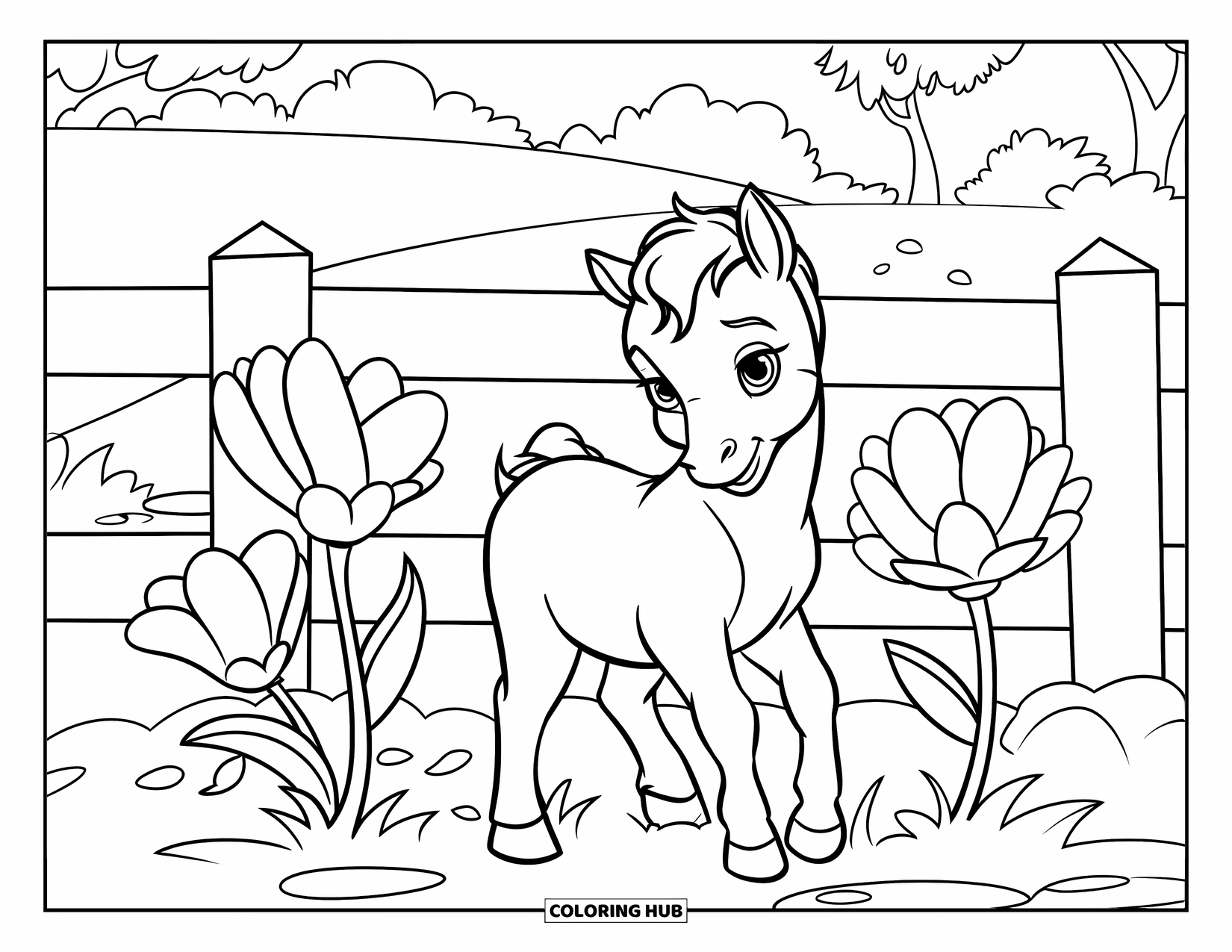 Baby Horse Coloring Page for Kids: A foal stands near big flowers and a fence with gentle trees behind