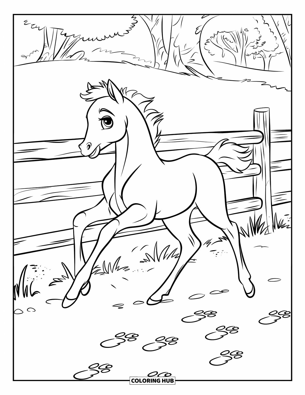Baby Horse Coloring Page for Kids: A foal strikes a pose beside a rustic fence with scattered hoofprints