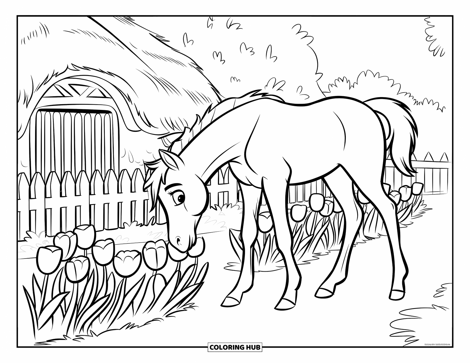 Baby Horse Coloring Page for Kids: A foal with a brown mane explores tulips near a thatched-roof stable